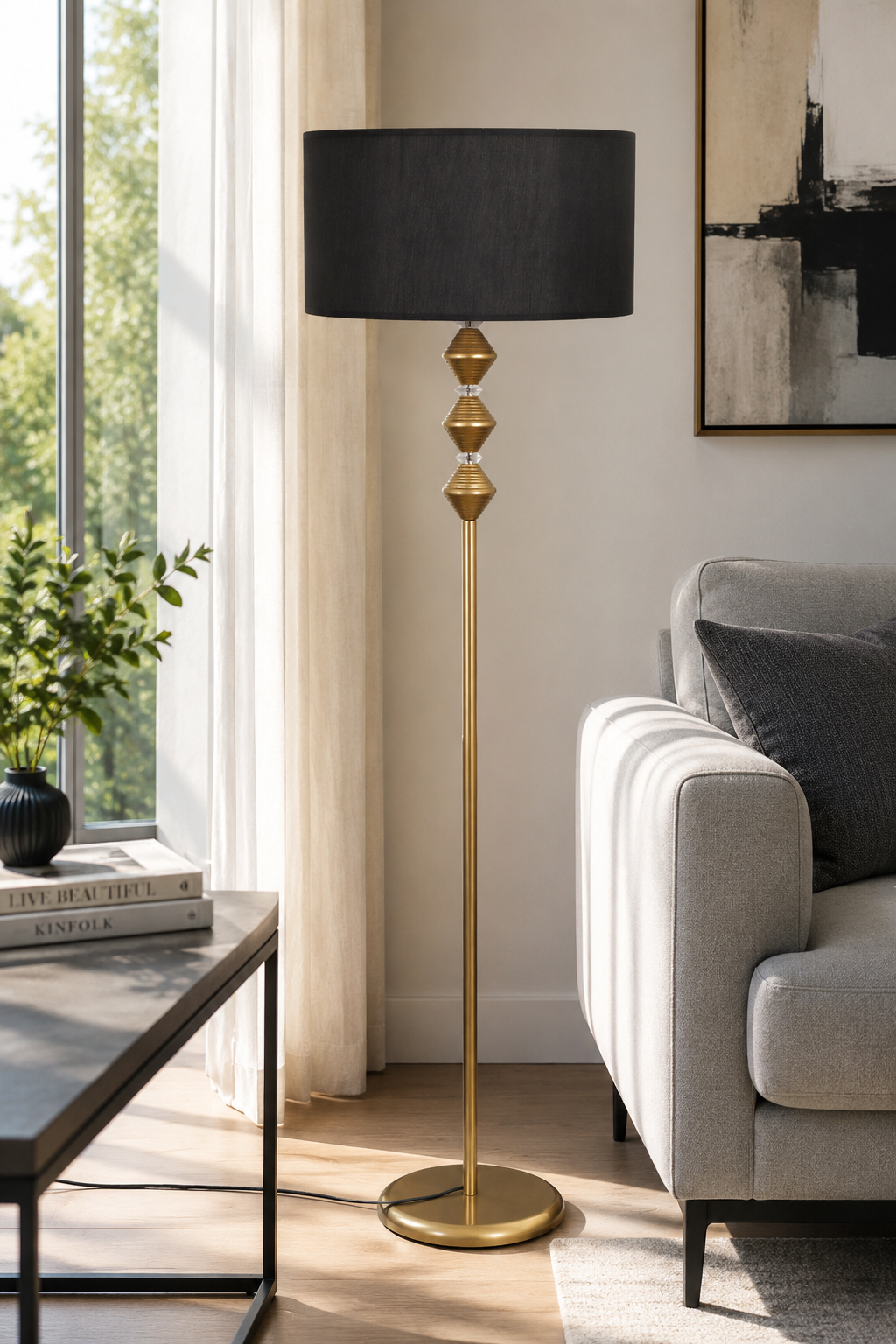 Zümra  Eskitme Metal Ayaklı Lambader Siyah Kumaş Şapka Modern Salon Yatak Odası Köşe Aydınlatma