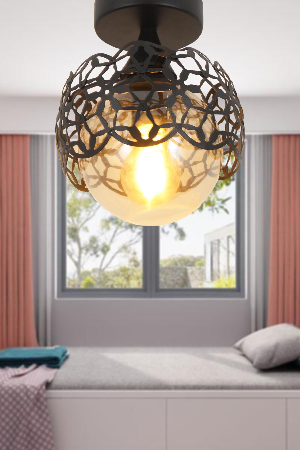 Alonso Tekli Siyah Avize Bal Cam  Dekoratif Tasarım Modern Yatak Odası Salon Hol Mutfak Avize