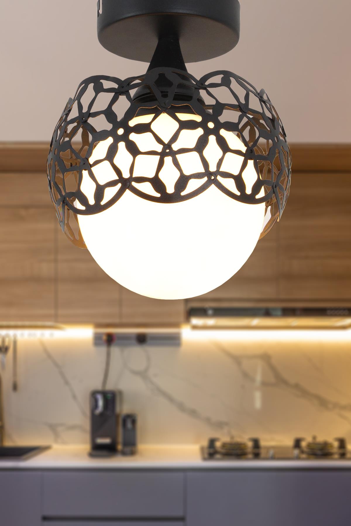 Alonso Tekli Siyah Avize Beyaz Cam  Dekoratif Tasarım Modern Yatak Odası Salon Hol Mutfak Avize