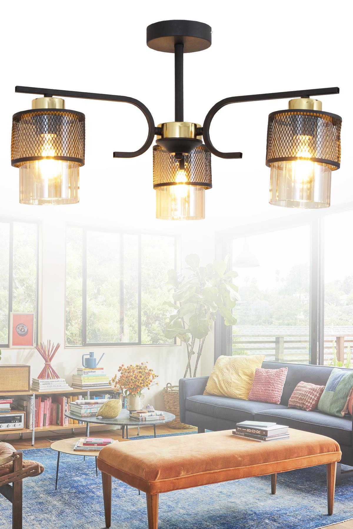 Amon 3 Lü Siyah Gold Avize Boru Cam Dekoratif Tasarım Yatak Odası Mutfak Salon Avize