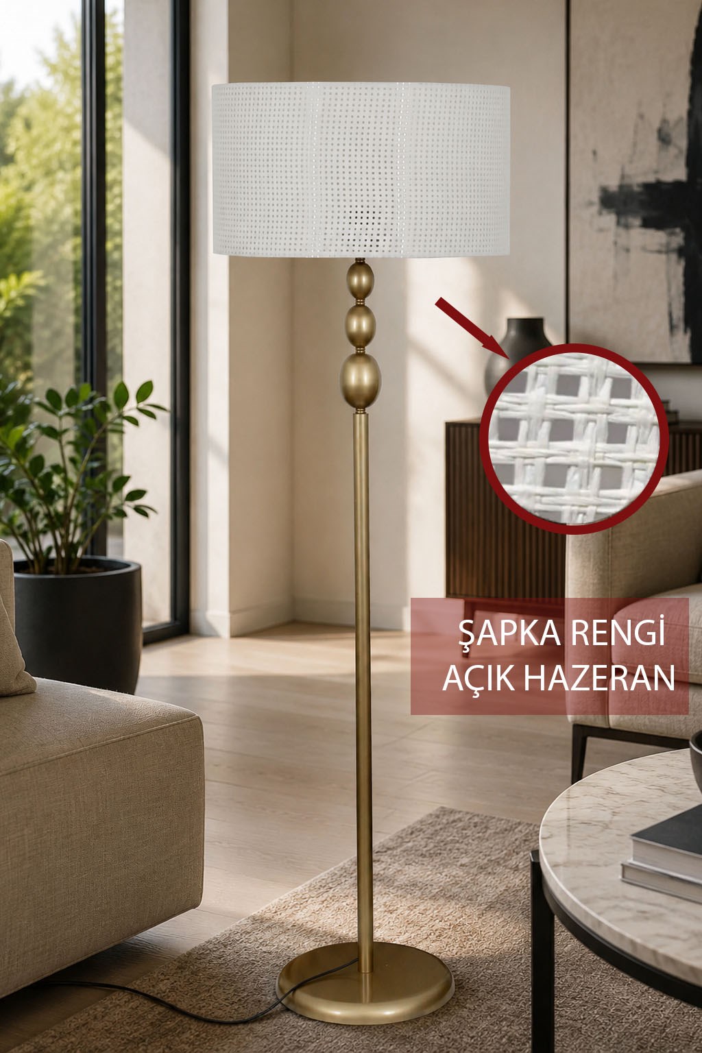 Asel Eskitme Metal Ayaklı Lambader Açık Ton Kumaş Şapka Modern Salon Yatak Odası Köşe Aydınlatma