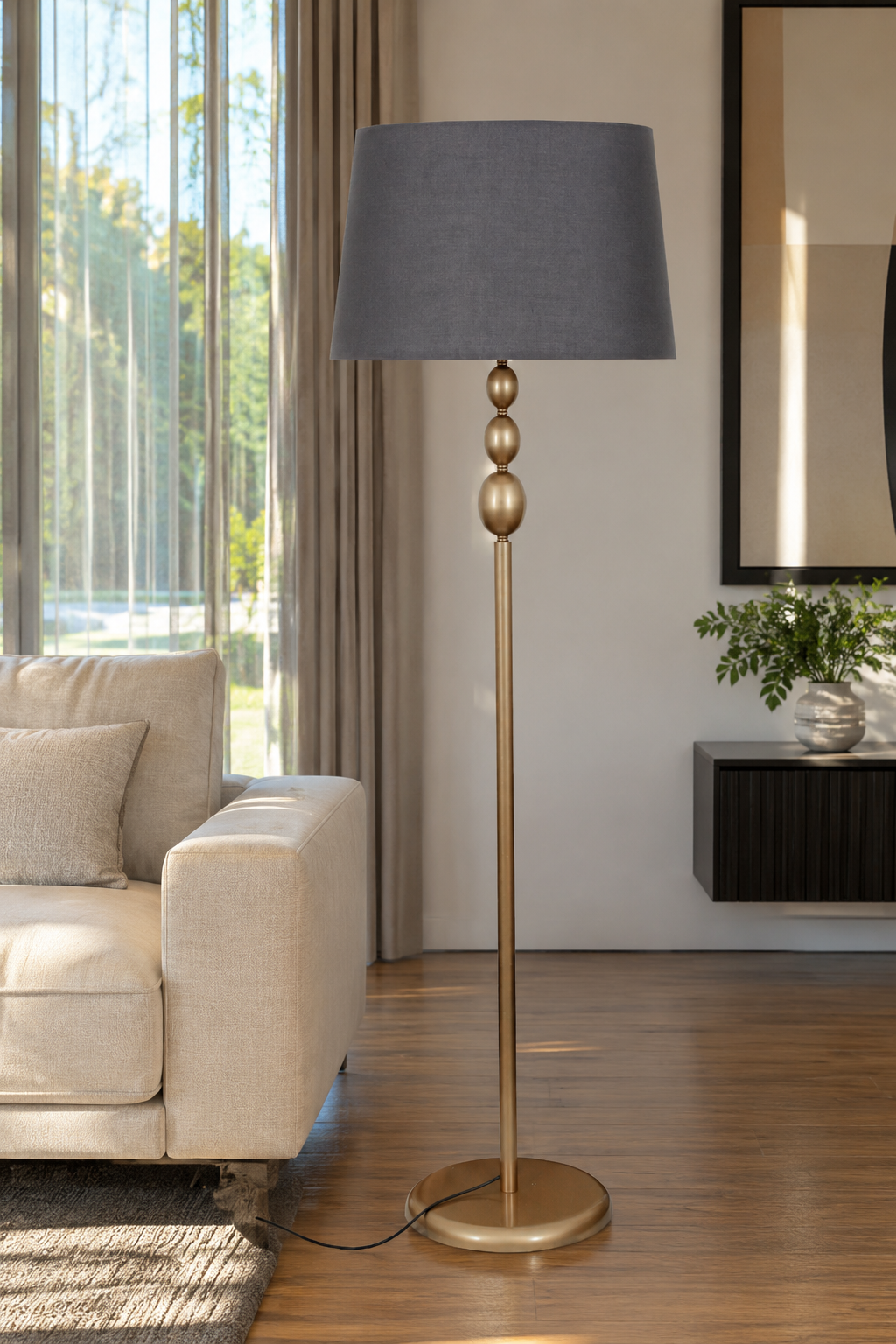 Asel Eskitme Metal Ayaklı Lambader Gri Kumaş Şapka Modern Salon Yatak Odası Köşe Aydınlatma