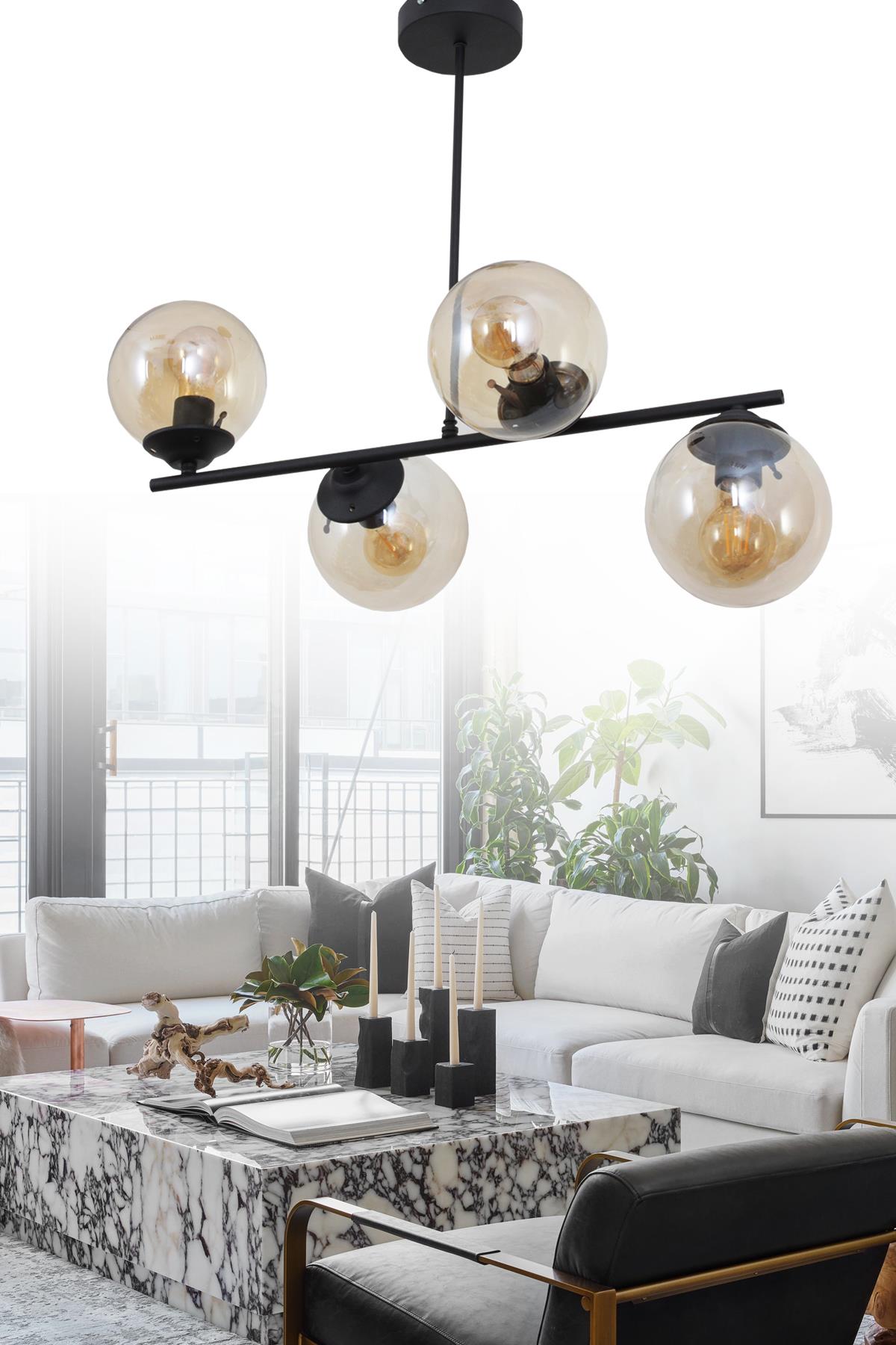 Bartın 4 Lü Siyah Avize Bal Camlı Dekoratif Tasarım Yatak Odası Mutfak Salon Avize