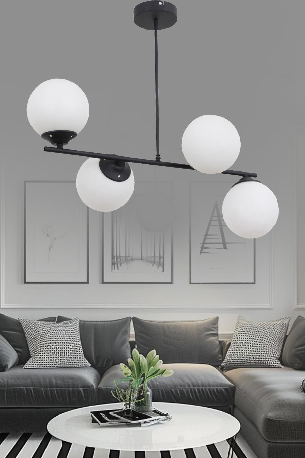 Bartın 4 Lü Siyah Avize Beyaz Camlı Dekoratif Tasarım Yatak Odası Mutfak Salon Avize