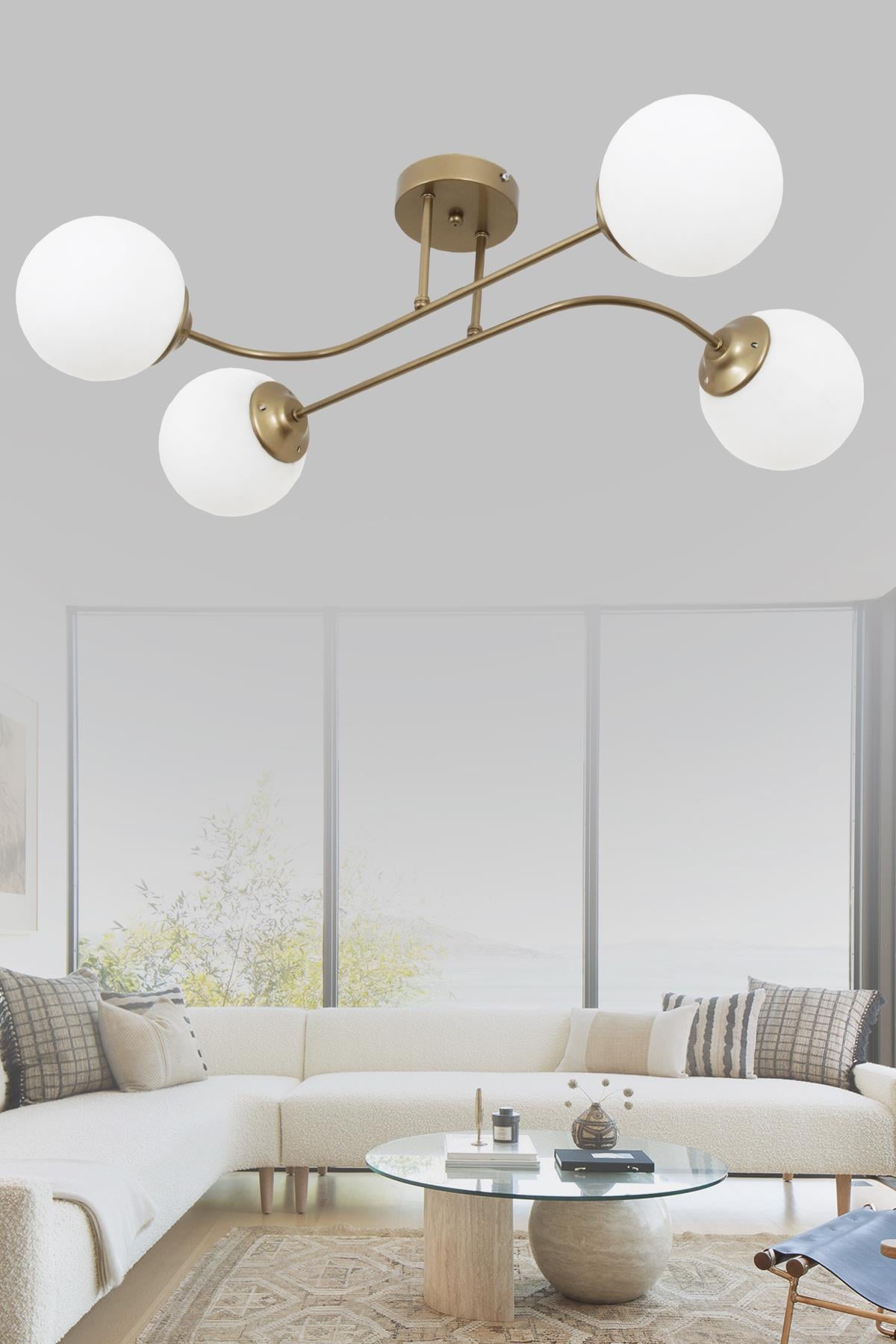 Capri 4 Lü Eskitme Avize Beyaz Camlı Dekoratif Tasarım Yatak Odası Mutfak Salon Avize