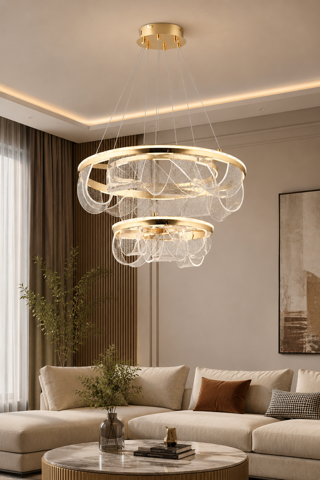Cordoba Gold Sarkıt Led 2 Katlı Avize Modern Luxury Salon Yatak Odası Avize