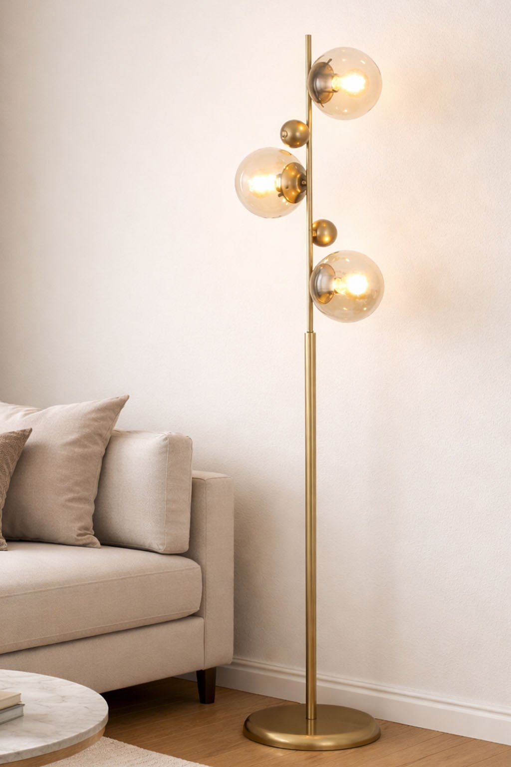 Elora Eskitme Toplu Metal Ayaklı Lambader Bal Camlı Modern , Oturma Odası ,Yatak Odası , Salon Lambader