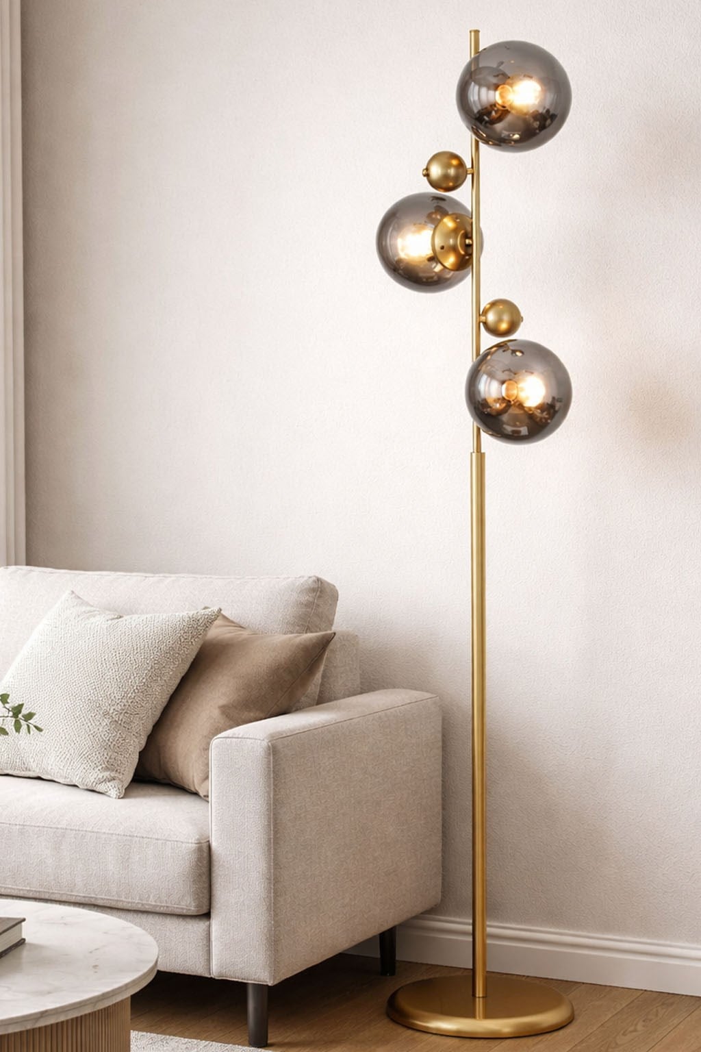 Elora Eskitme Toplu Metal Ayaklı Lambader Füme Camlı Modern , Oturma Odası ,Yatak Odası , Salon Lambader