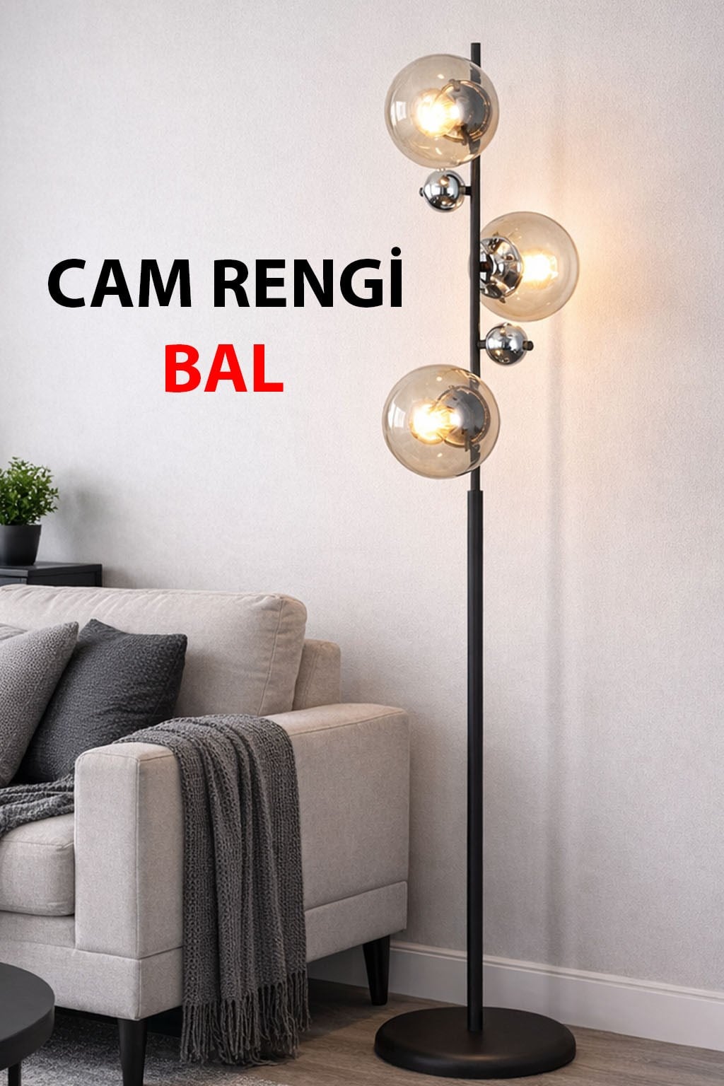 Elora Siyah Krom Toplu Metal Ayaklı Lambader Bal Camlı Modern , Oturma Odası ,Yatak Odası , Salon Lambader