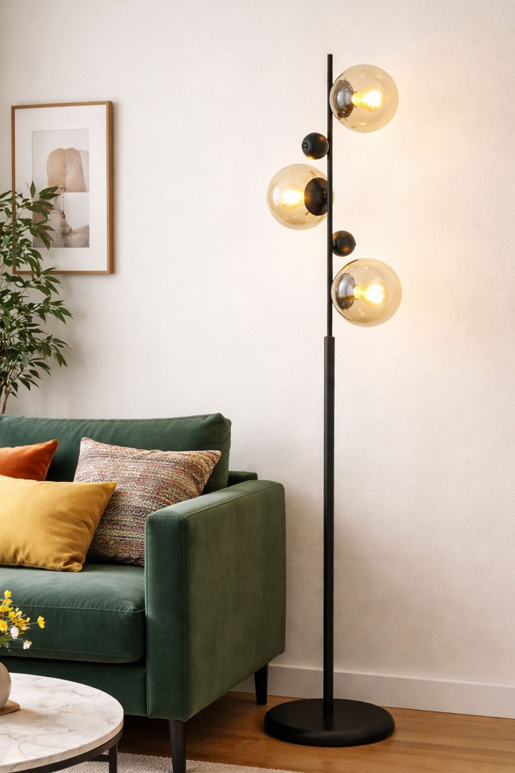 Elora Siyah Toplu Metal Ayaklı Lambader Bal Camlı Modern , Oturma Odası ,Yatak Odası , Salon Lambader