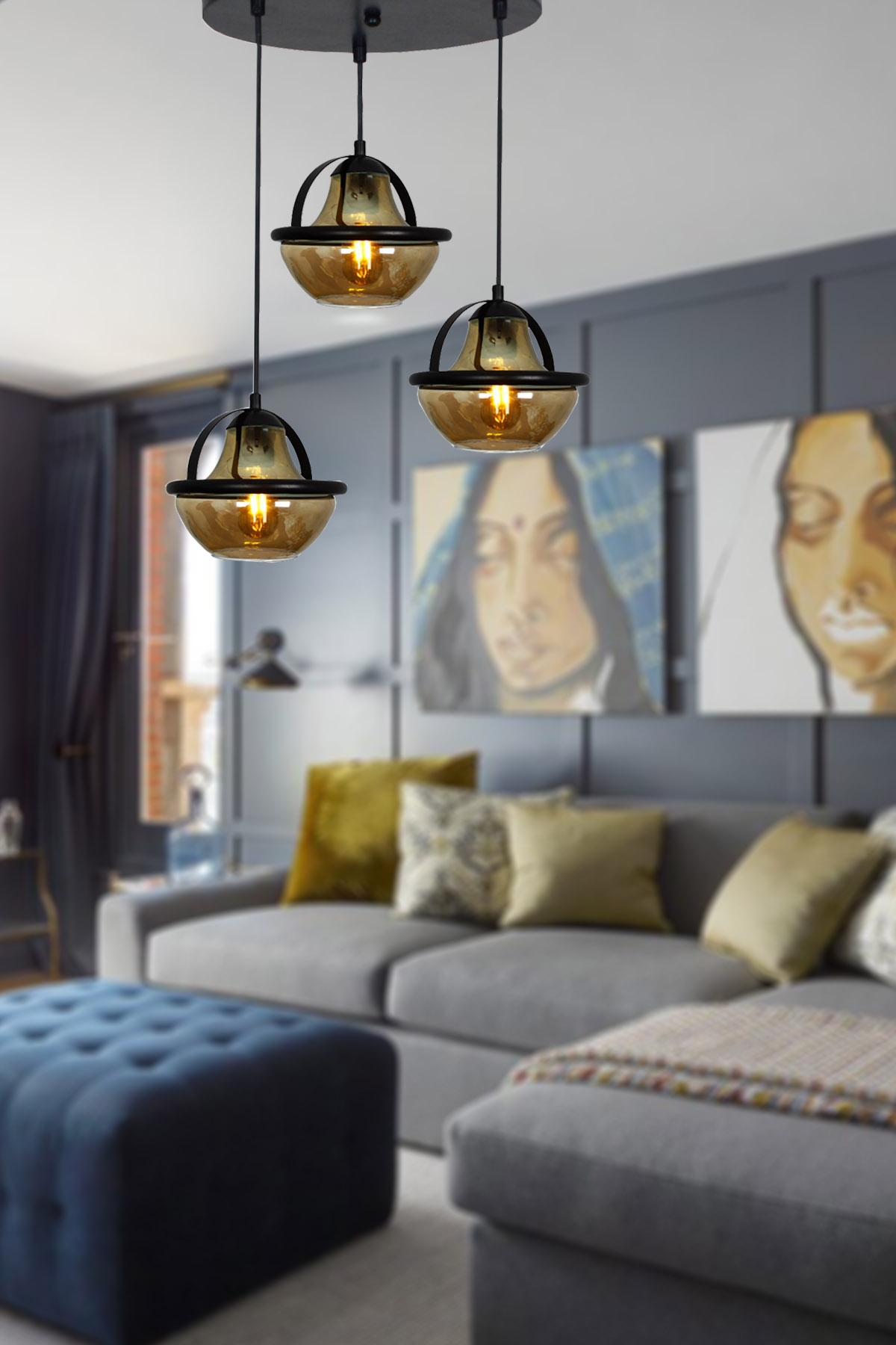 Jupiter 3 Lü Siyah Tepsili Lüks Özel Tasarım Avize-(2044-B) 3155 03 0100 01 01