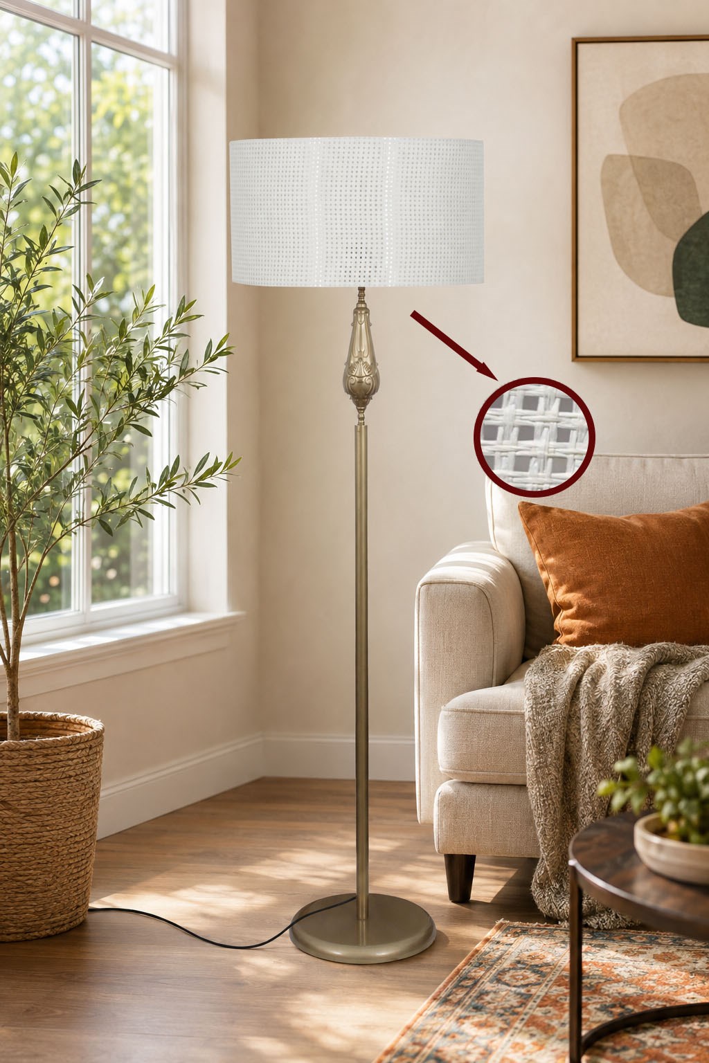Lotus Eskitme Metal Ayaklı Lambader Açık Ton Hazeran Kumaş Şapka Modern Salon Yatak Odası Köşe Aydınlatma
