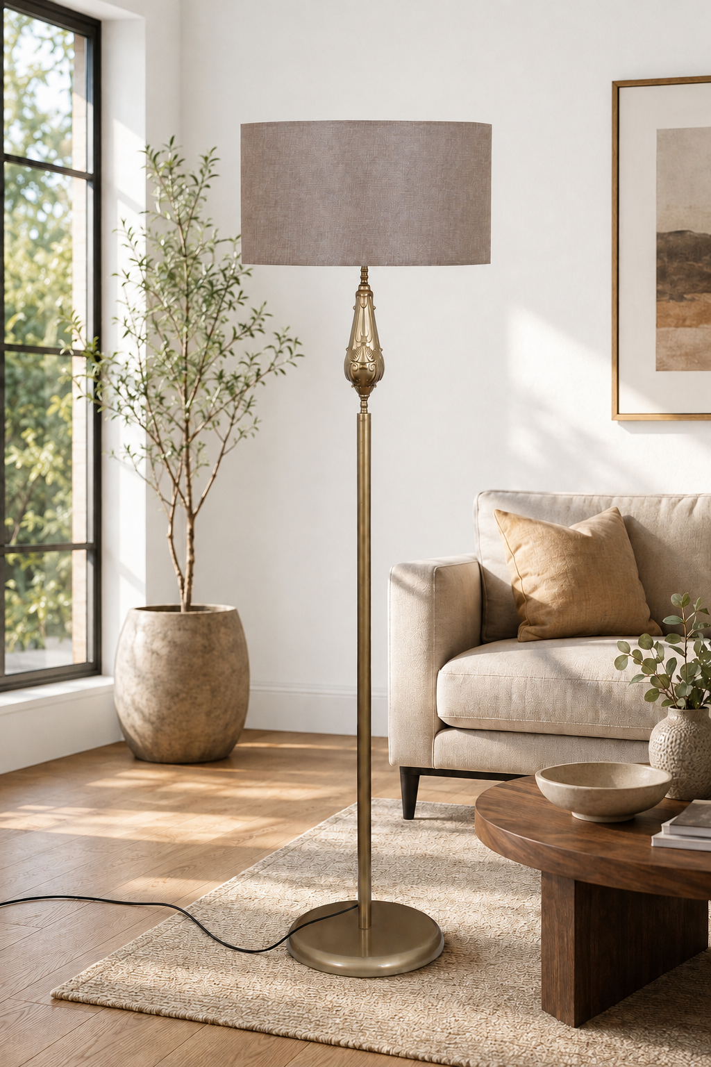 Lotus Eskitme Metal Ayaklı Lambader Açık Kahve Kumaş Şapka Modern Salon Yatak Odası Köşe Aydınlatma