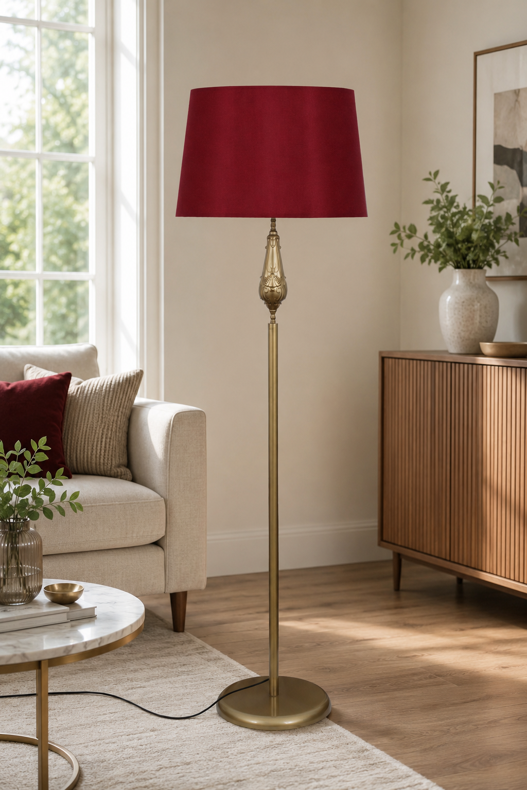 Lotus Eskitme Metal Ayaklı Lambader Bordo Kumaş Şapka Modern Salon Yatak Odası Köşe Aydınlatma