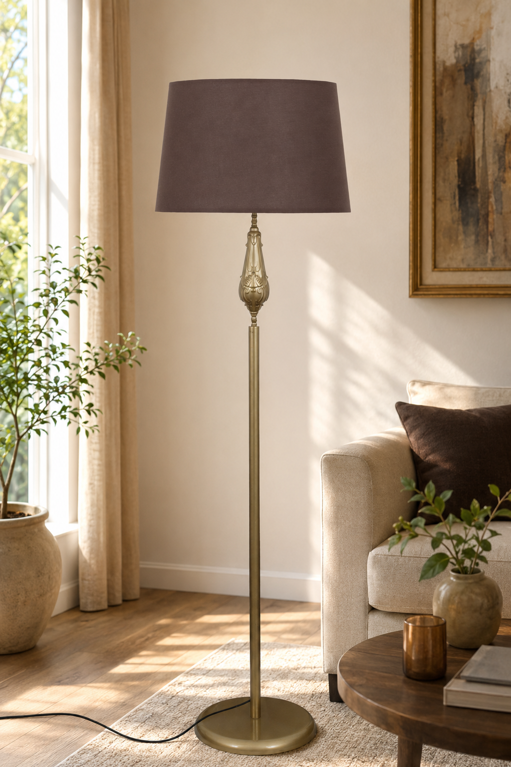 Lotus Eskitme Metal Ayaklı Lambader Koyu Kahve Kumaş Şapka Modern Salon Yatak Odası Köşe Aydınlatma