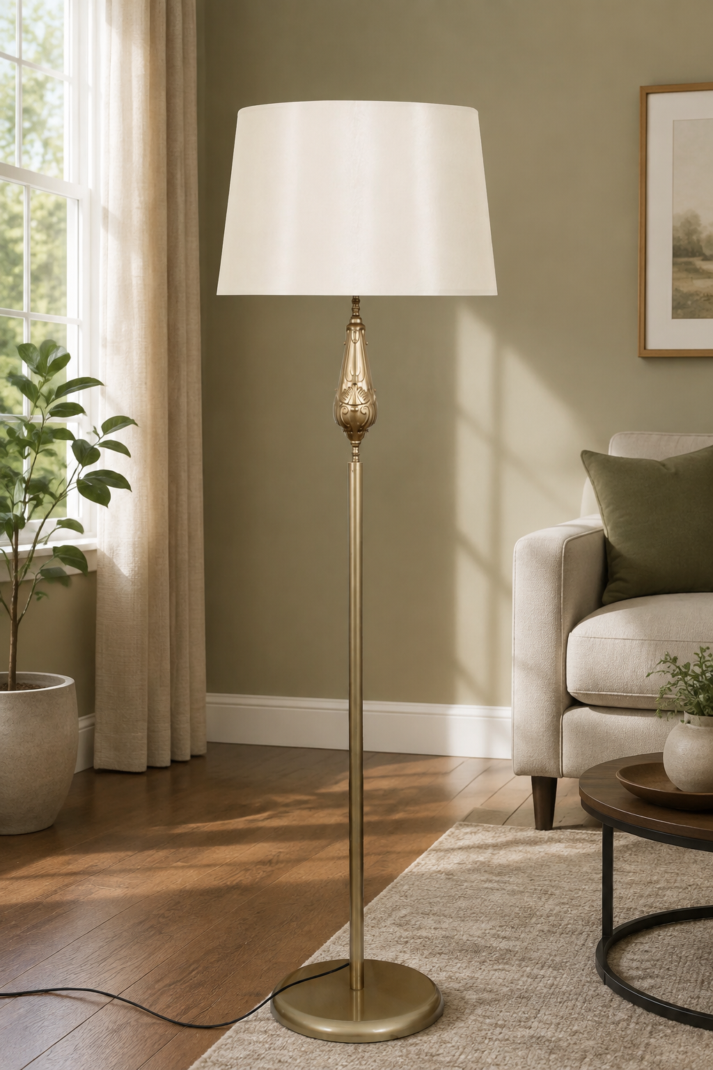Lotus Eskitme Metal Ayaklı Lambader Krem Kumaş Şapka Modern Salon Yatak Odası Köşe Aydınlatma