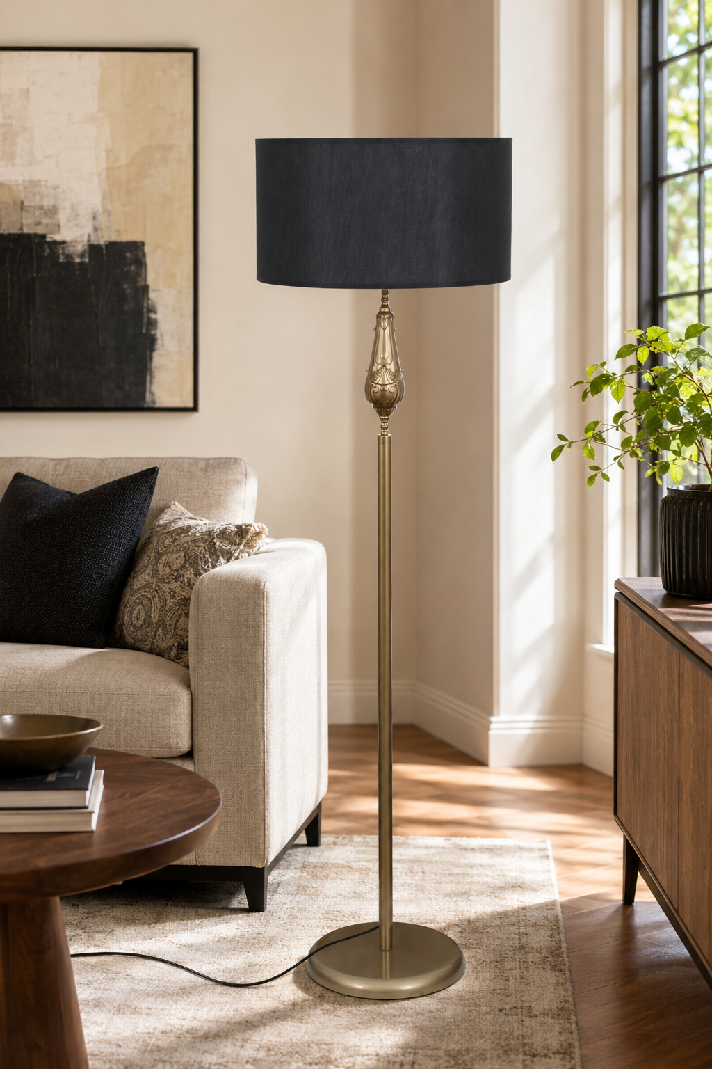 Lotus Eskitme Metal Ayaklı Lambader Siyah Kumaş Şapka Modern Salon Yatak Odası Köşe Aydınlatma