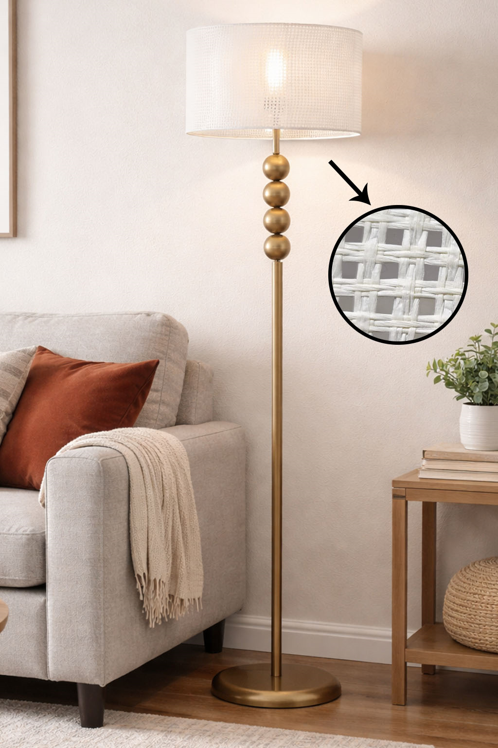 Lyon Eskitme Toplu Metal Ayaklı Lambader Hazeran Rattan Şapka Açık Ton Modern , Oturma Odası ,Yatak Odası , Salon Lambader