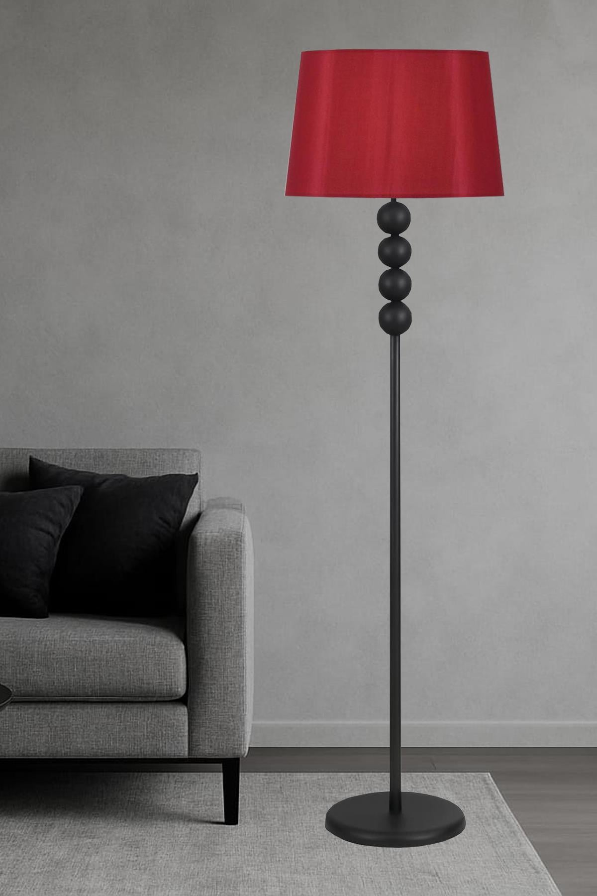 Lyon Siyah Toplu Metal Ayaklı Lambader Bordo Şapka Beyaz Camlı Modern , Oturma Odası ,Yatak Odası , Salon Lambader