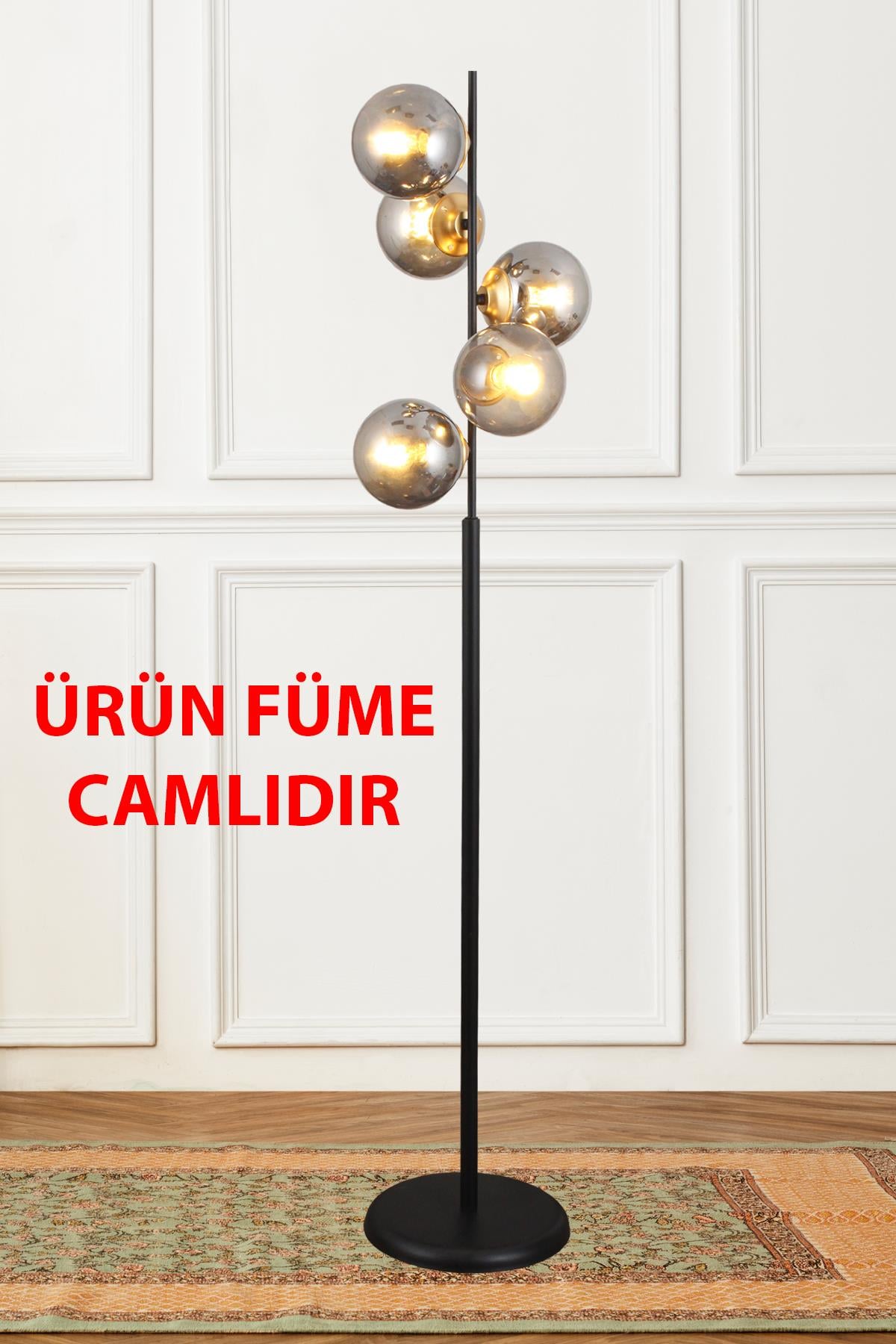 Nida 5 Li Siyah Gold Füme Camlı Lambader