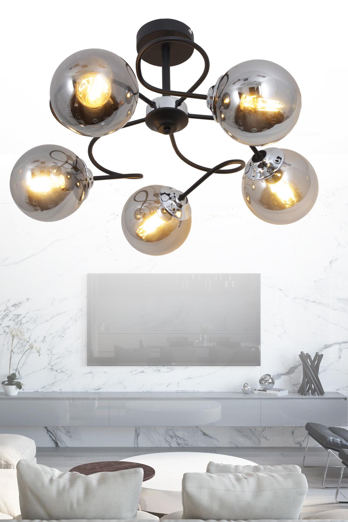 Renas 5 Li Siyah Avize-Füme Camlı Dekoratif Tasarım Yatak Odası Mutfak Salon Avize