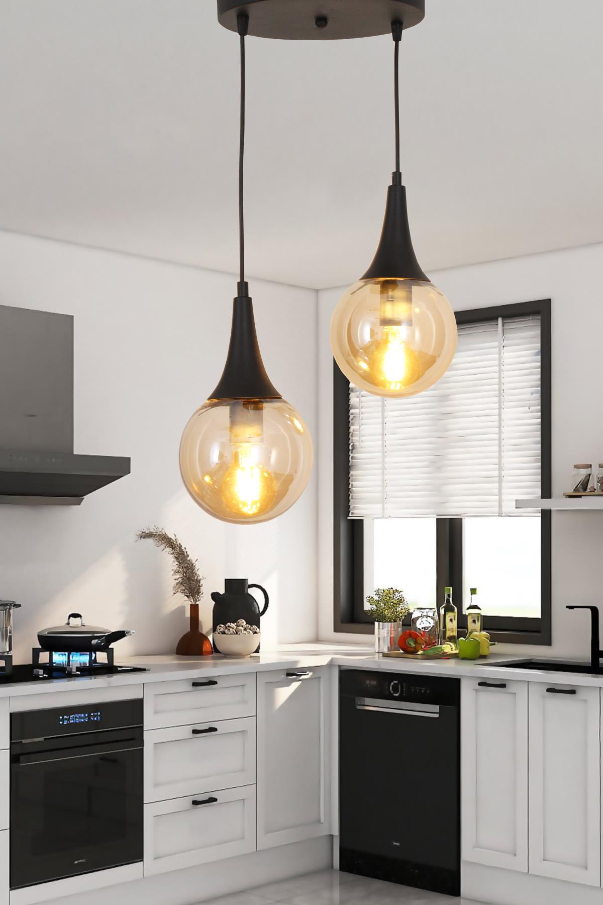 Suzi 2 Li Siyah Sarkıt Avize Bal Camlı Dekoratif Tasarım Yatak Odası Mutfak Salon Avize