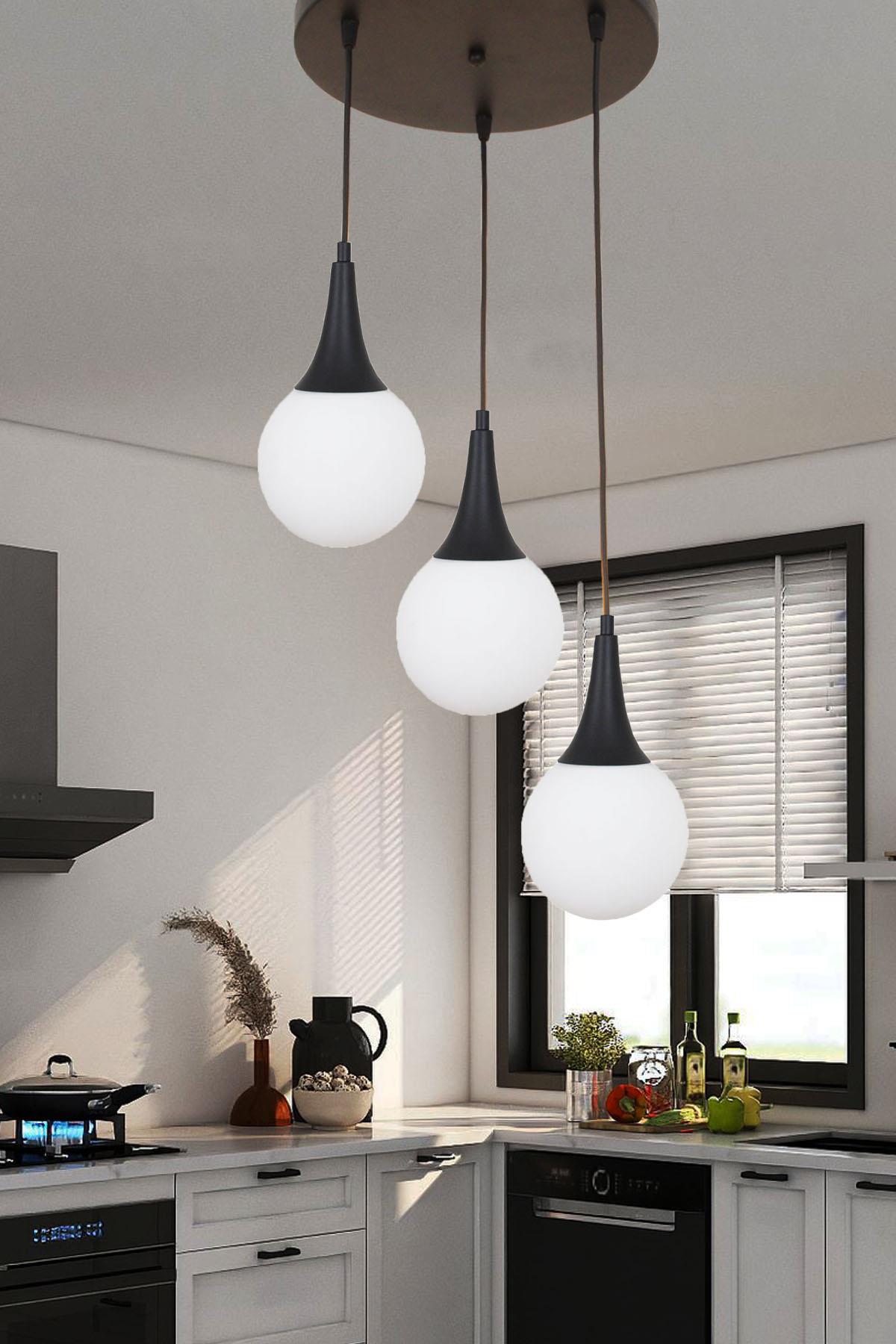 Suzi 3 Lü Siyah Tepsili Sarkıt Avize Beyaz Camlı Dekoratif Tasarım Yatak Odası Mutfak Salon Avize