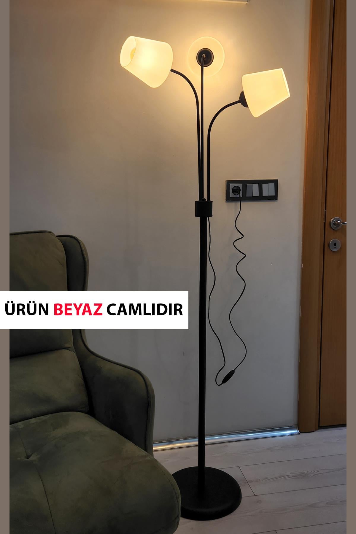 Zambak 3 Lü Siyah Tasarım Metal Ayaklı Lambader Ermando Cam Oturma Odası-Salon Lambader