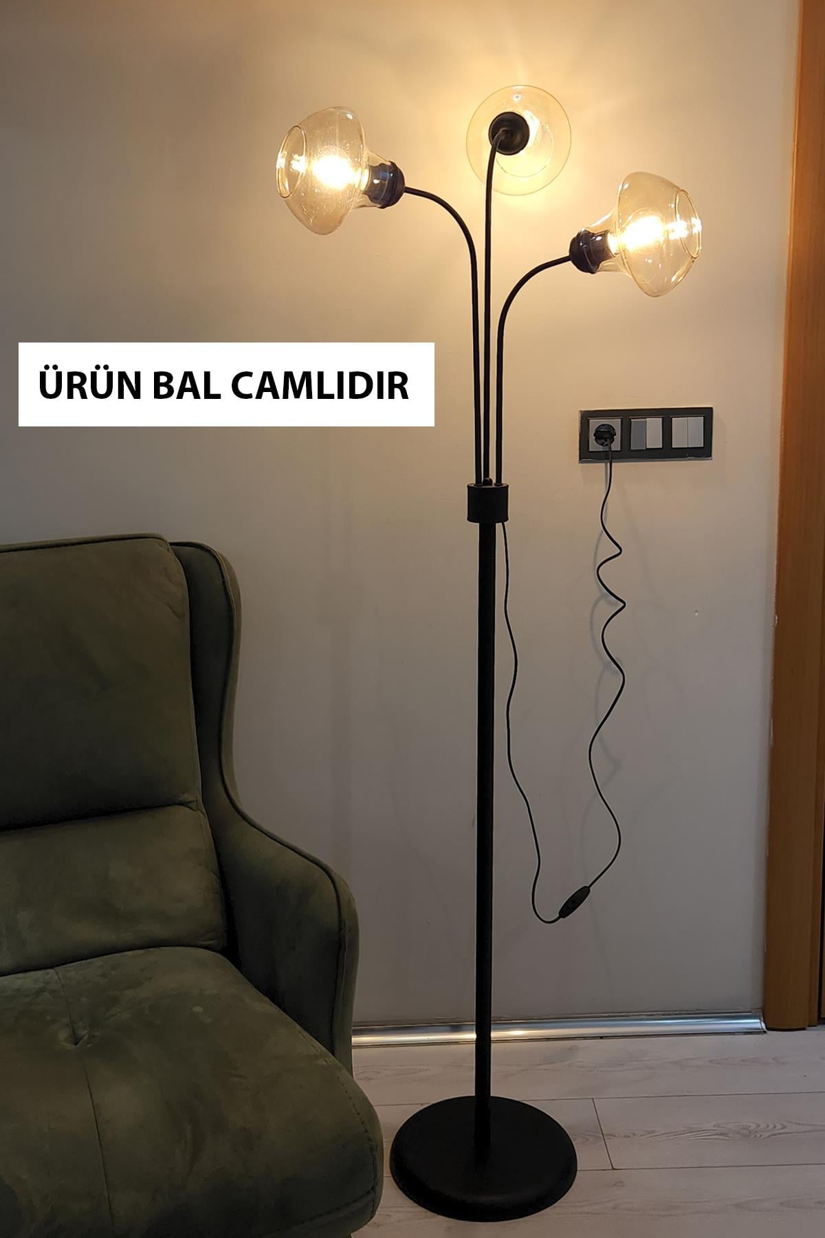 Zambak 3 Lü Siyah Tasarım Metal Ayaklı Lambader 2044B Oturma Odası-Salon Lambader