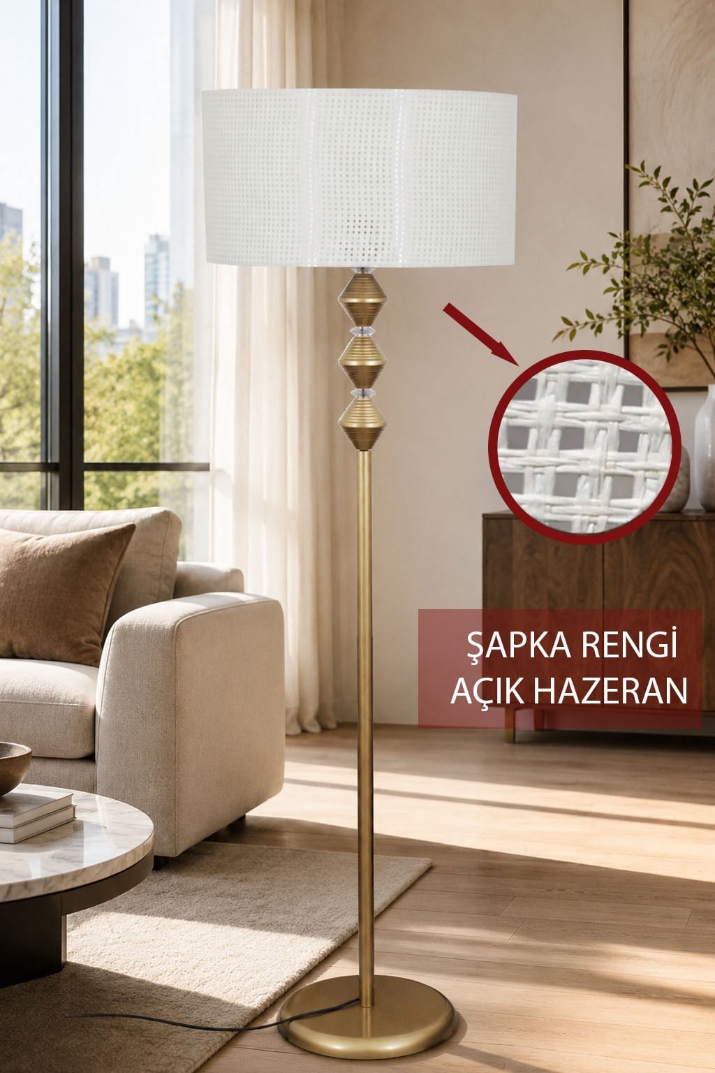 Zümra  Eskitme Metal Ayaklı Lambader Açık ton Hazeran Kumaş Şapka Modern Salon Yatak Odası Köşe Aydınlatma