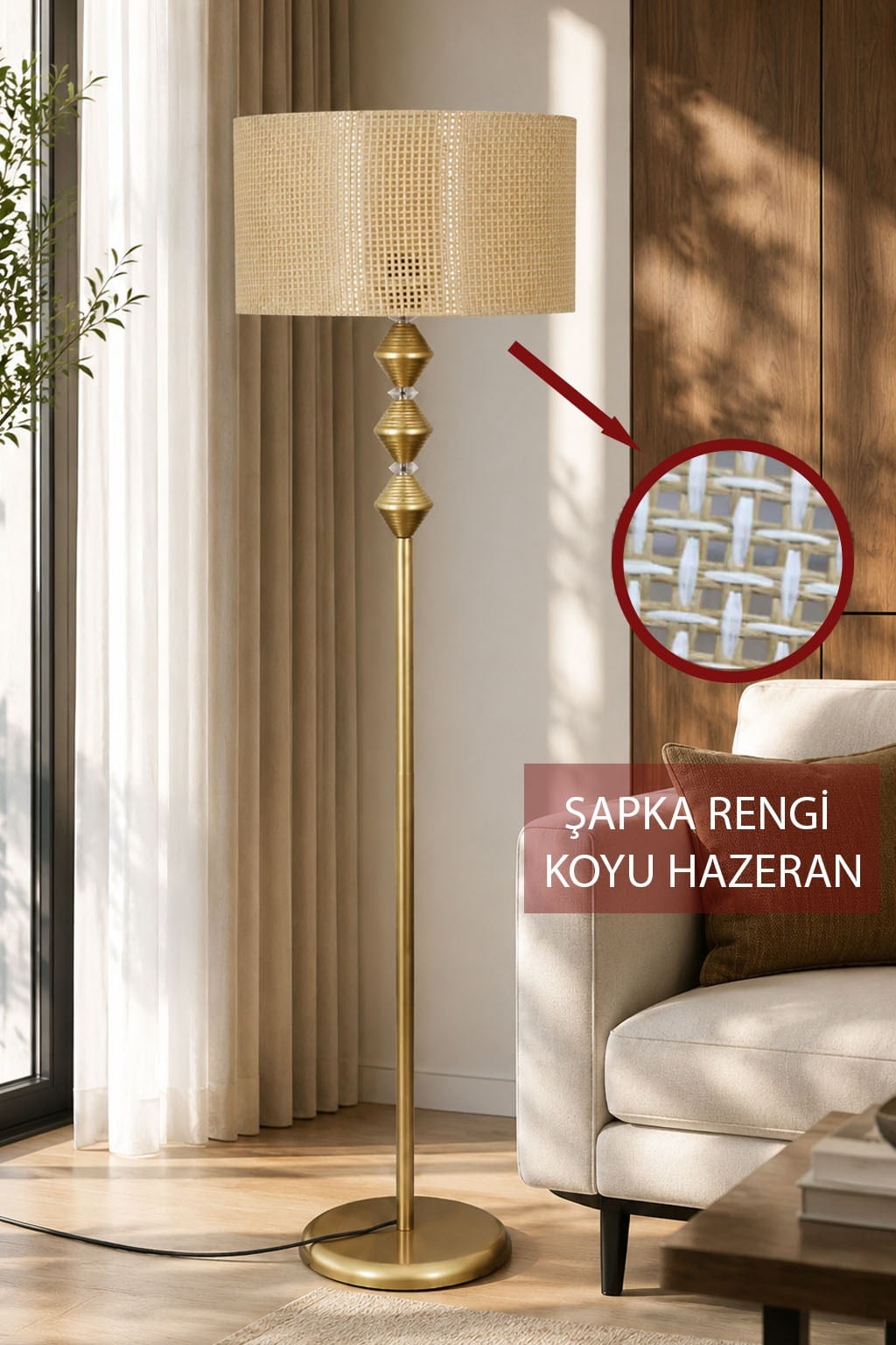 Zümra  Eskitme Metal Ayaklı Lambader Koyu ton Hazeran Kumaş Şapka Modern Salon Yatak Odası Köşe Aydınlatma