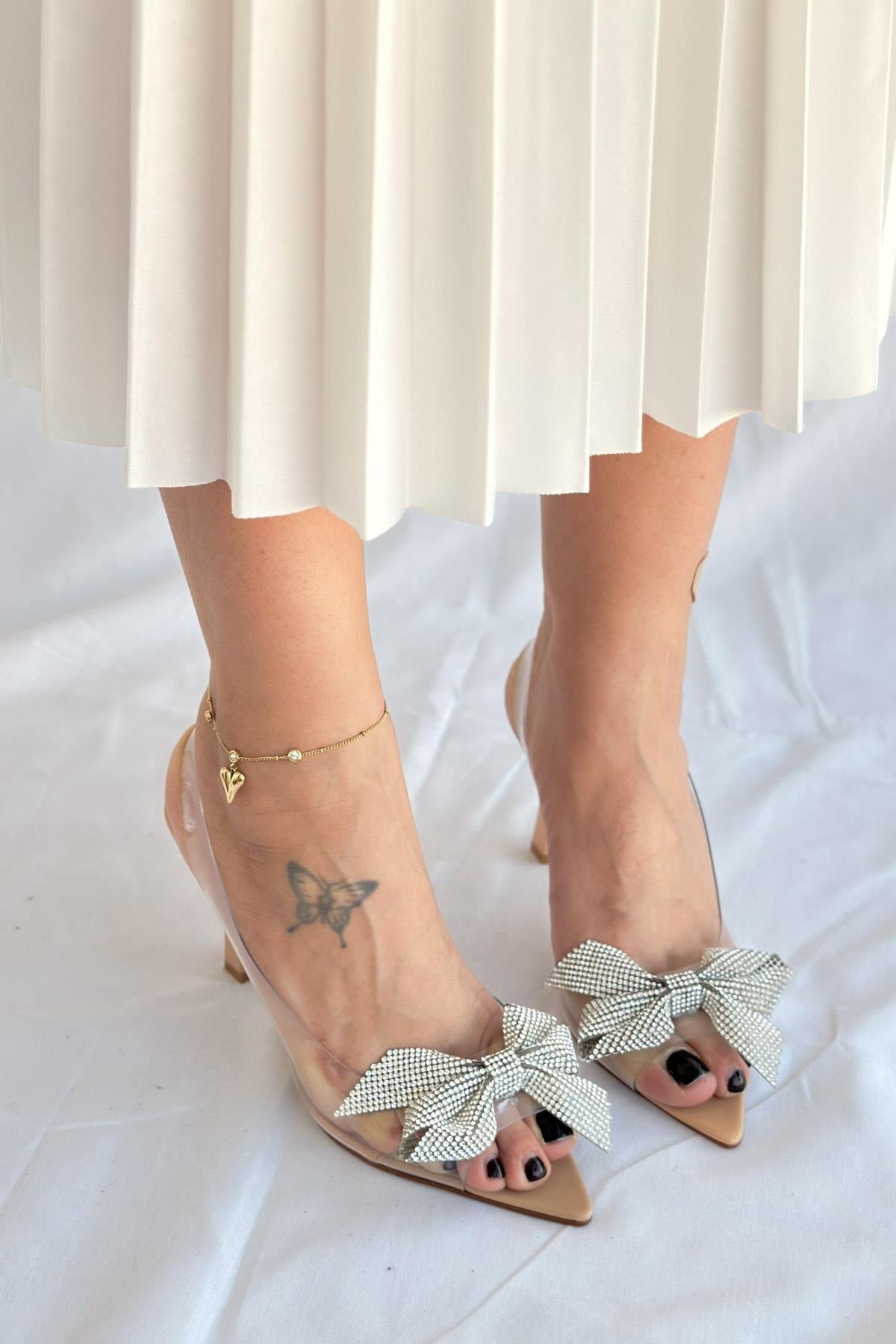 Charmy Ten Rugan Şeffaf Taşlı Kurdela Detay Topuklu Kadın Ayakkabı