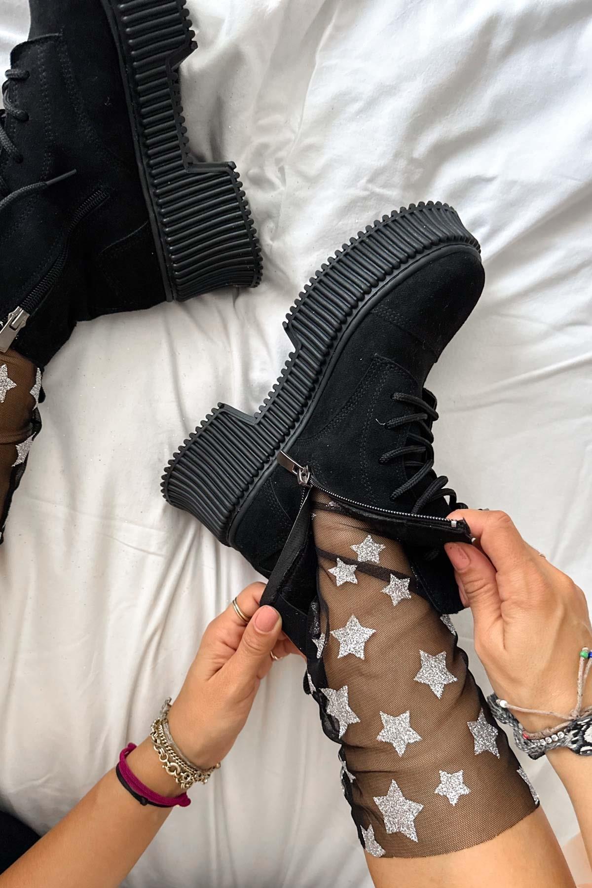 Lady Siyah Gümüş Yıldızlı Çorap