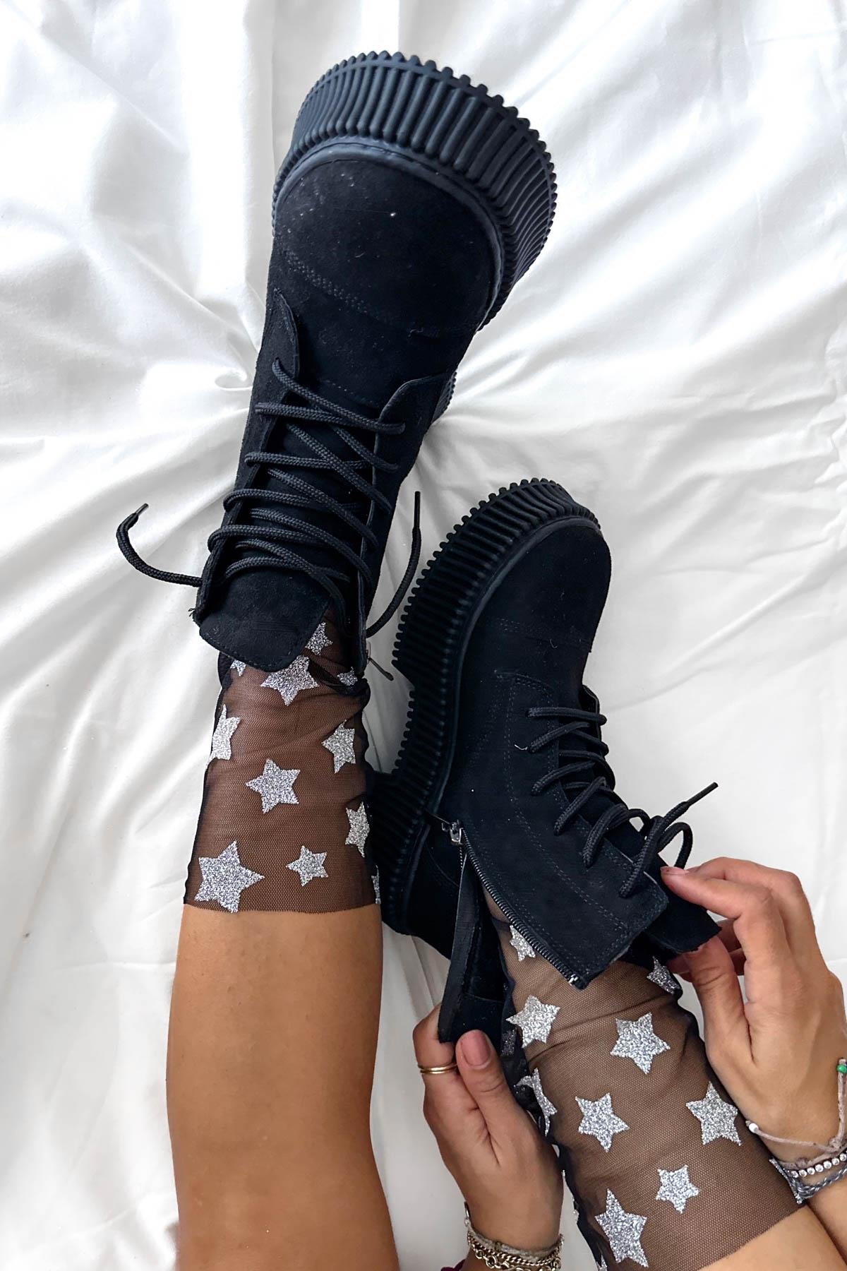 Lady Siyah Gümüş Yıldızlı Çorap
