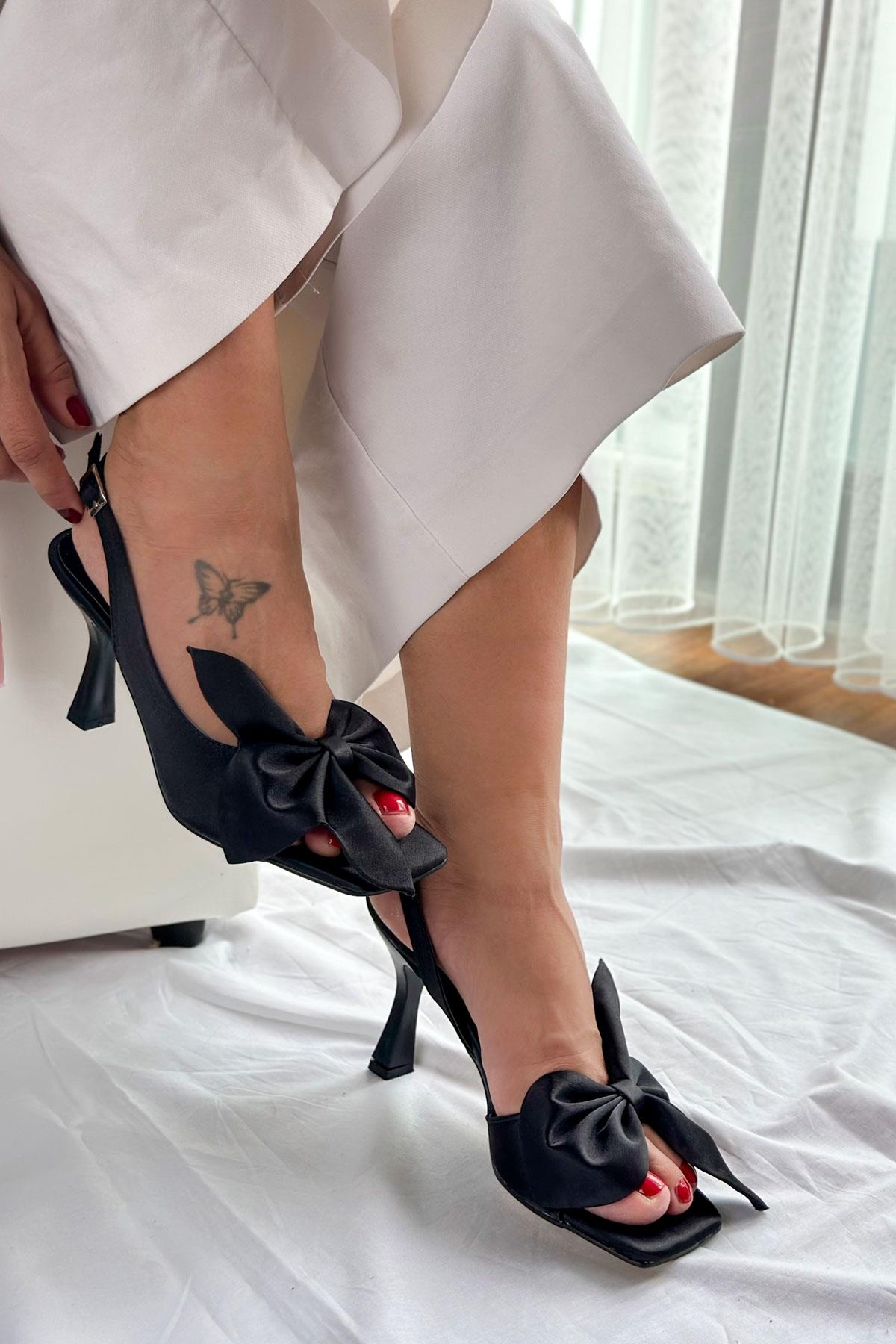 Lotus Siyah Saten Fiyonk Detay Kadın Topuklu Sandalet