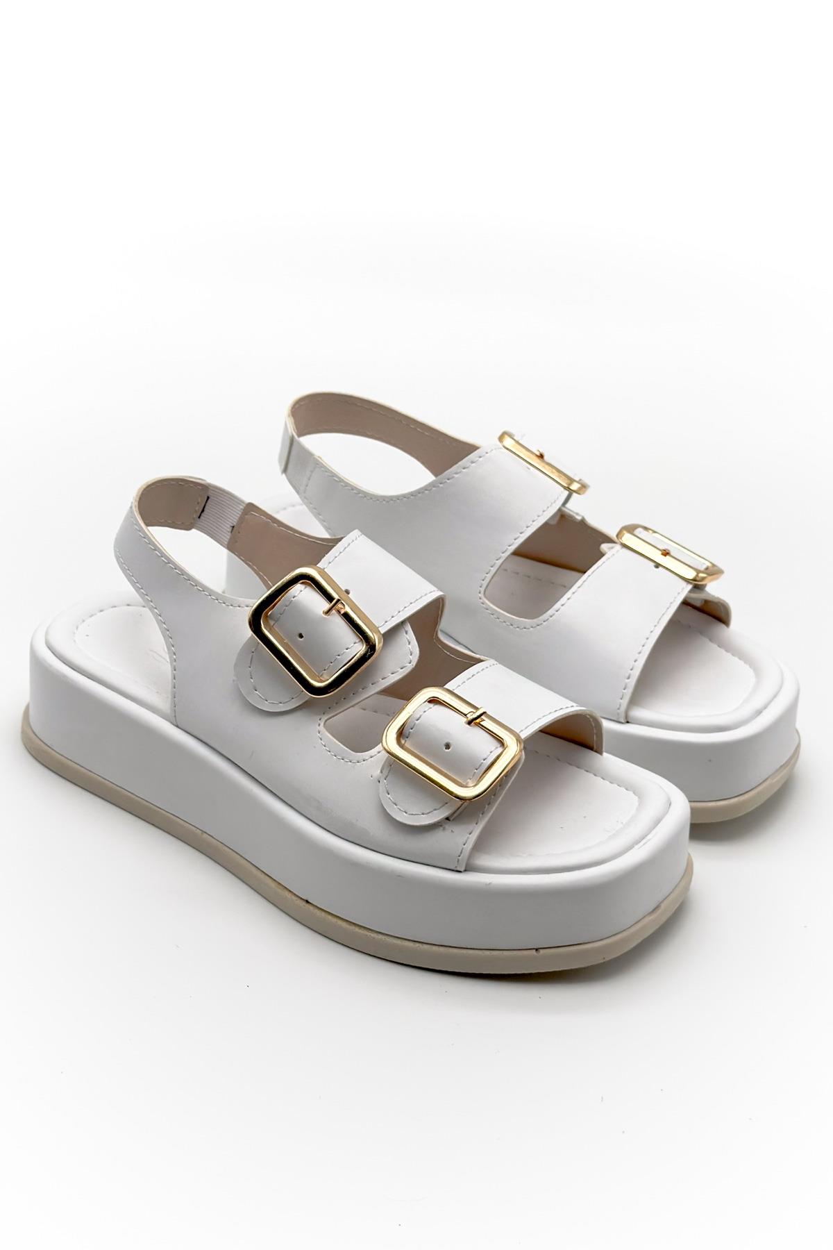 Matcha Beyaz Deri Bantlı Toka Detay Kadın Sandalet