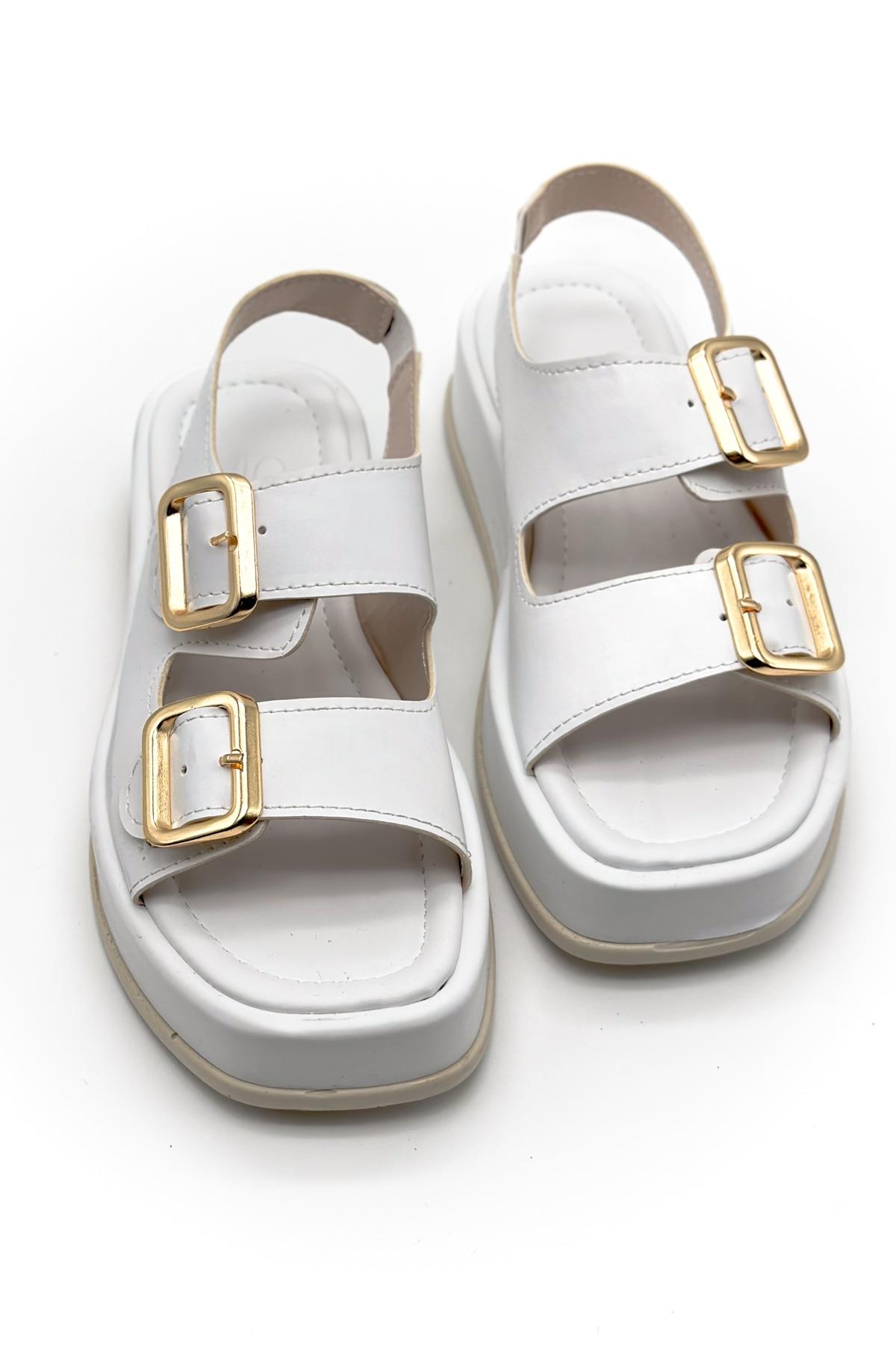 Matcha Beyaz Deri Bantlı Toka Detay Kadın Sandalet