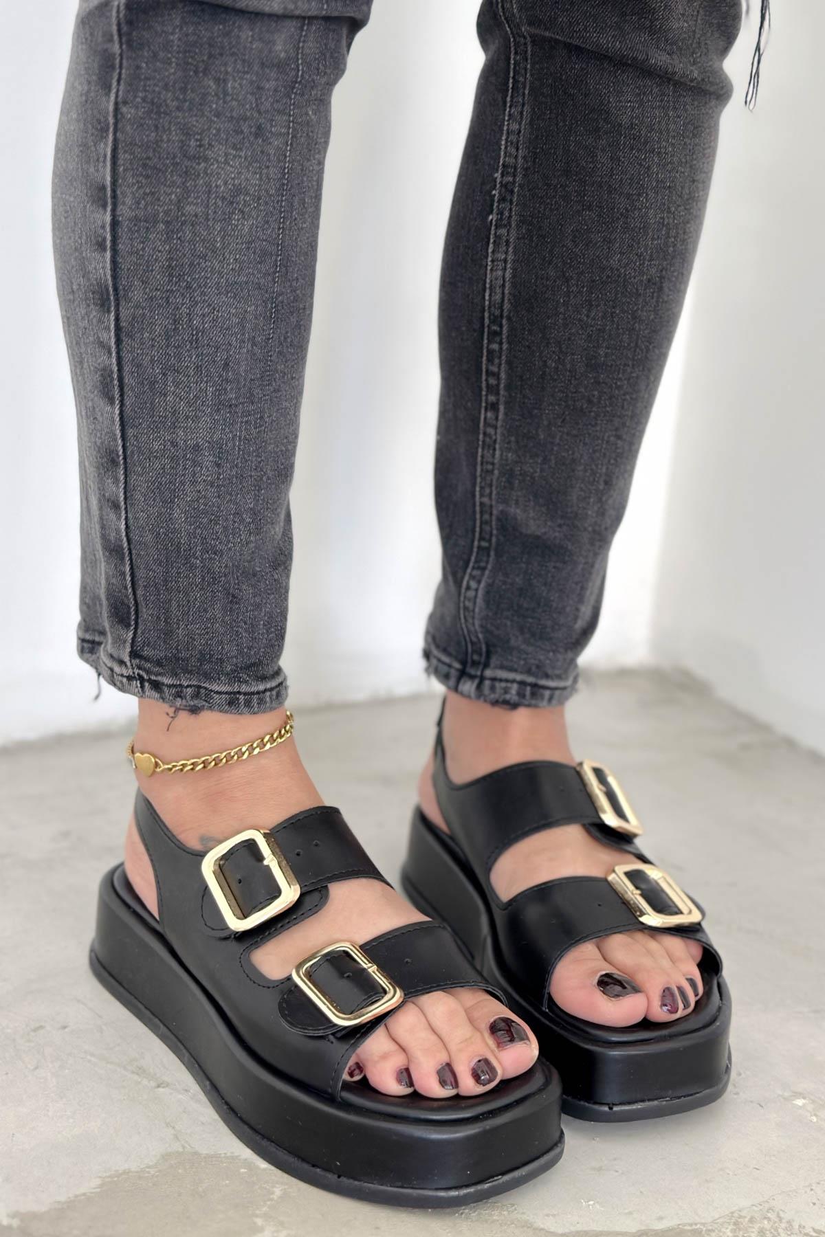 Matcha Siyah Deri Bantlı Toka Detay Kadın Sandalet