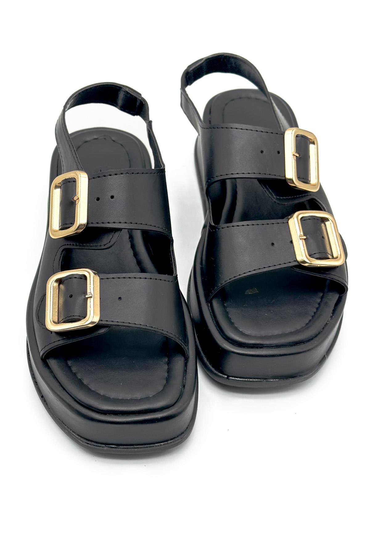 Matcha Siyah Deri Bantlı Toka Detay Kadın Sandalet