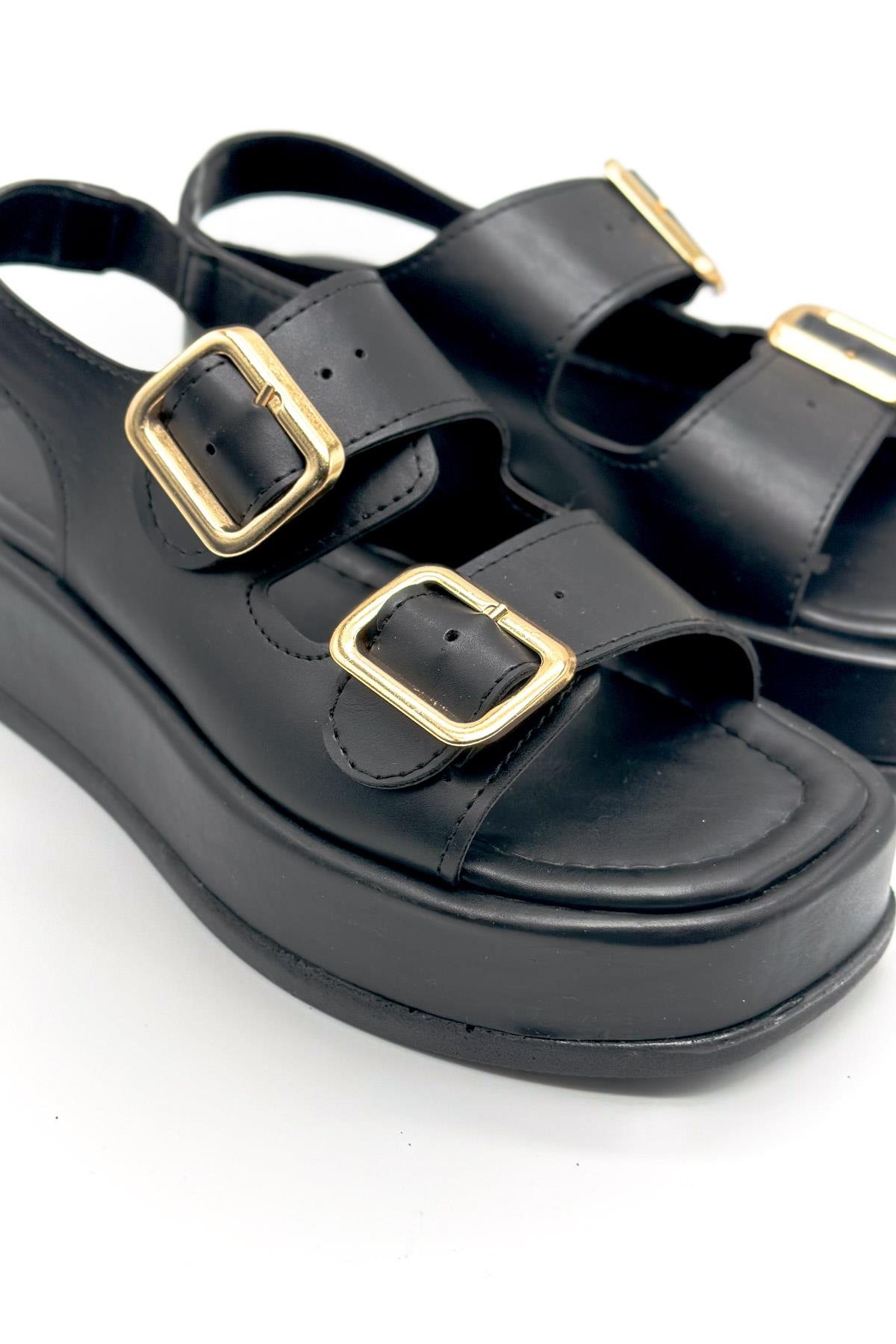 Matcha Siyah Deri Bantlı Toka Detay Kadın Sandalet