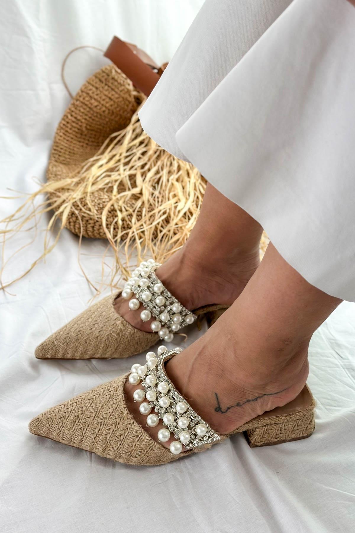 Pearl Hasır Natural İnci Detay Kadın Terlik