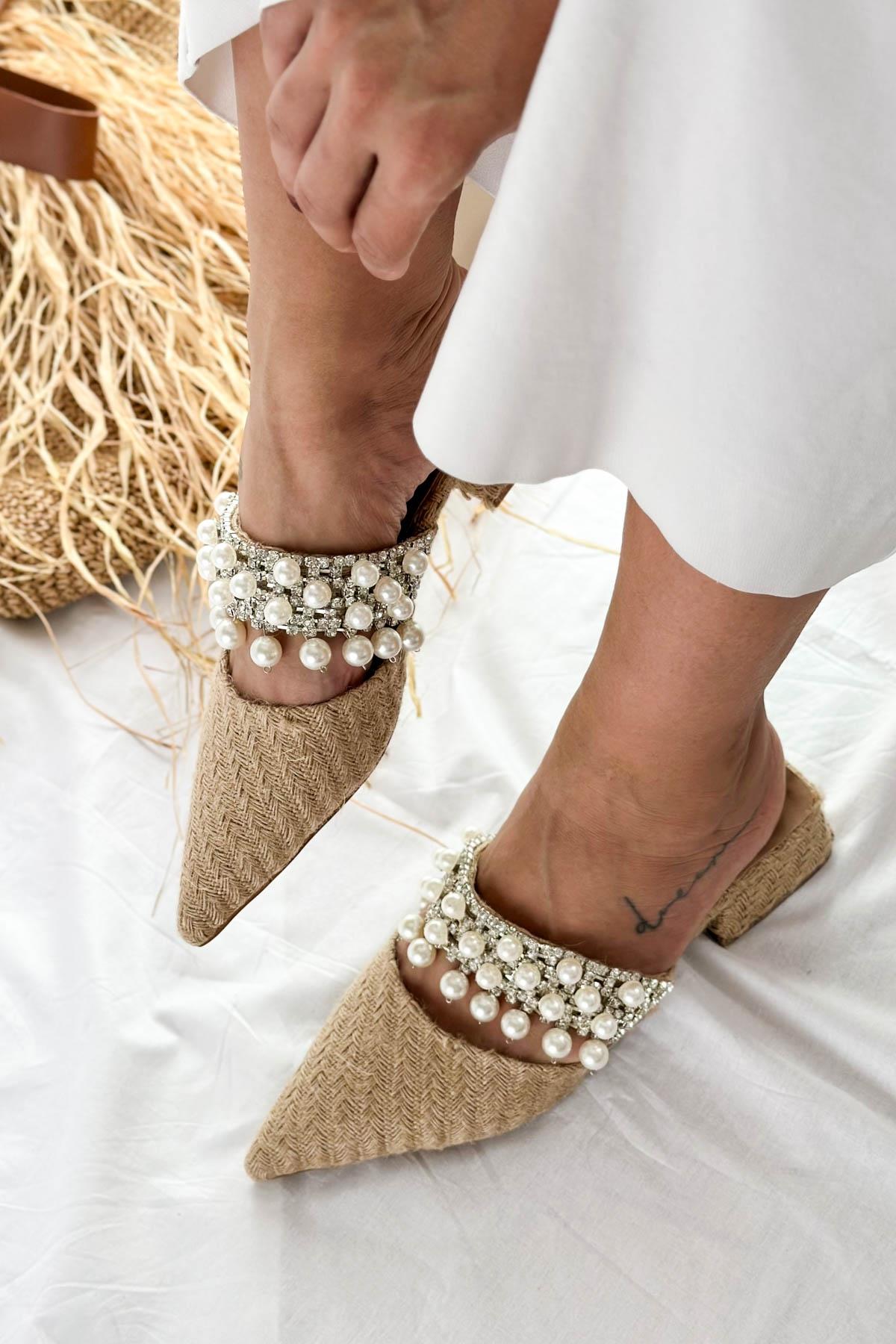 Pearl Hasır Natural İnci Detay Kadın Terlik