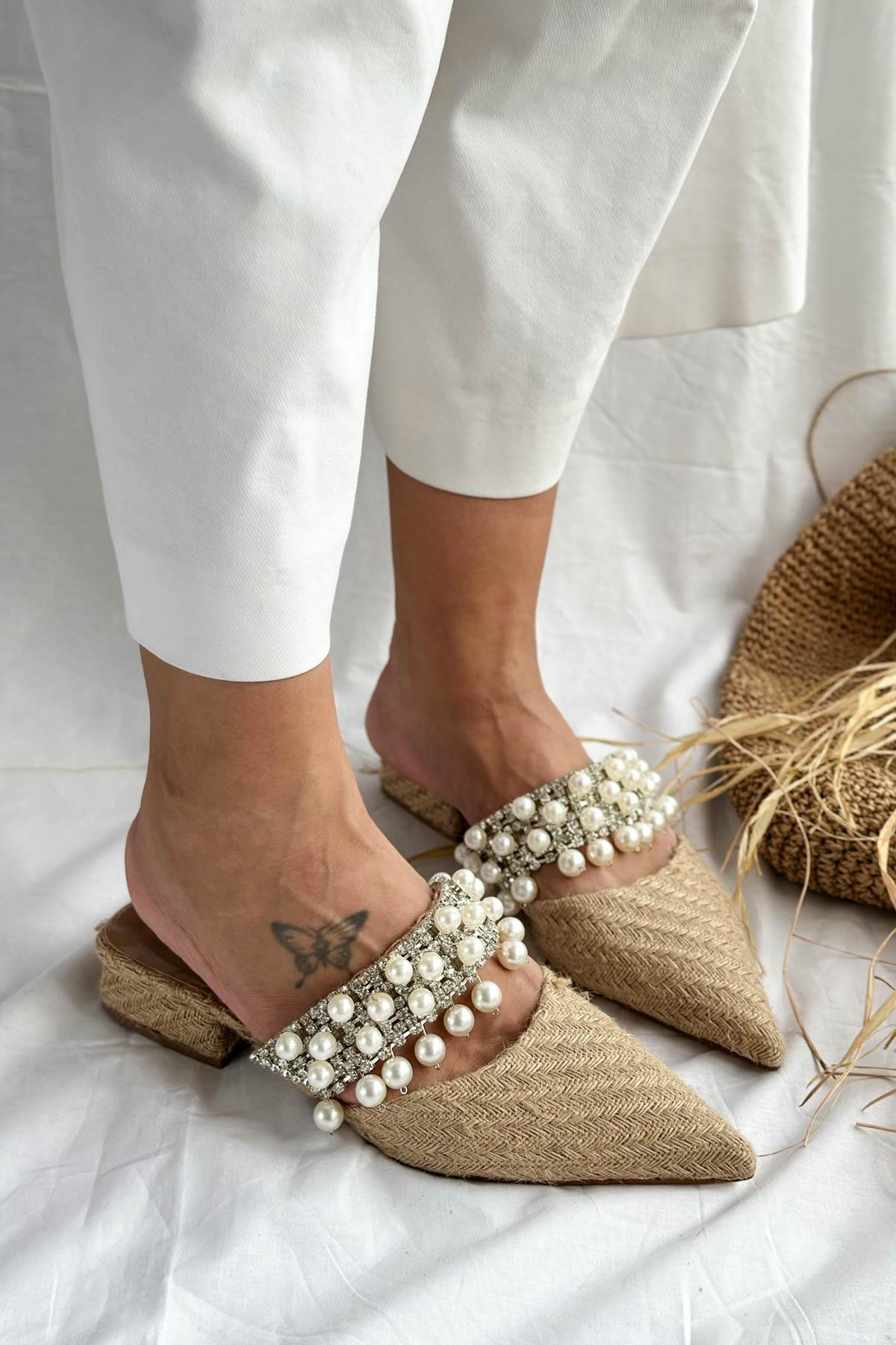 Pearl Hasır Natural İnci Detay Kadın Terlik