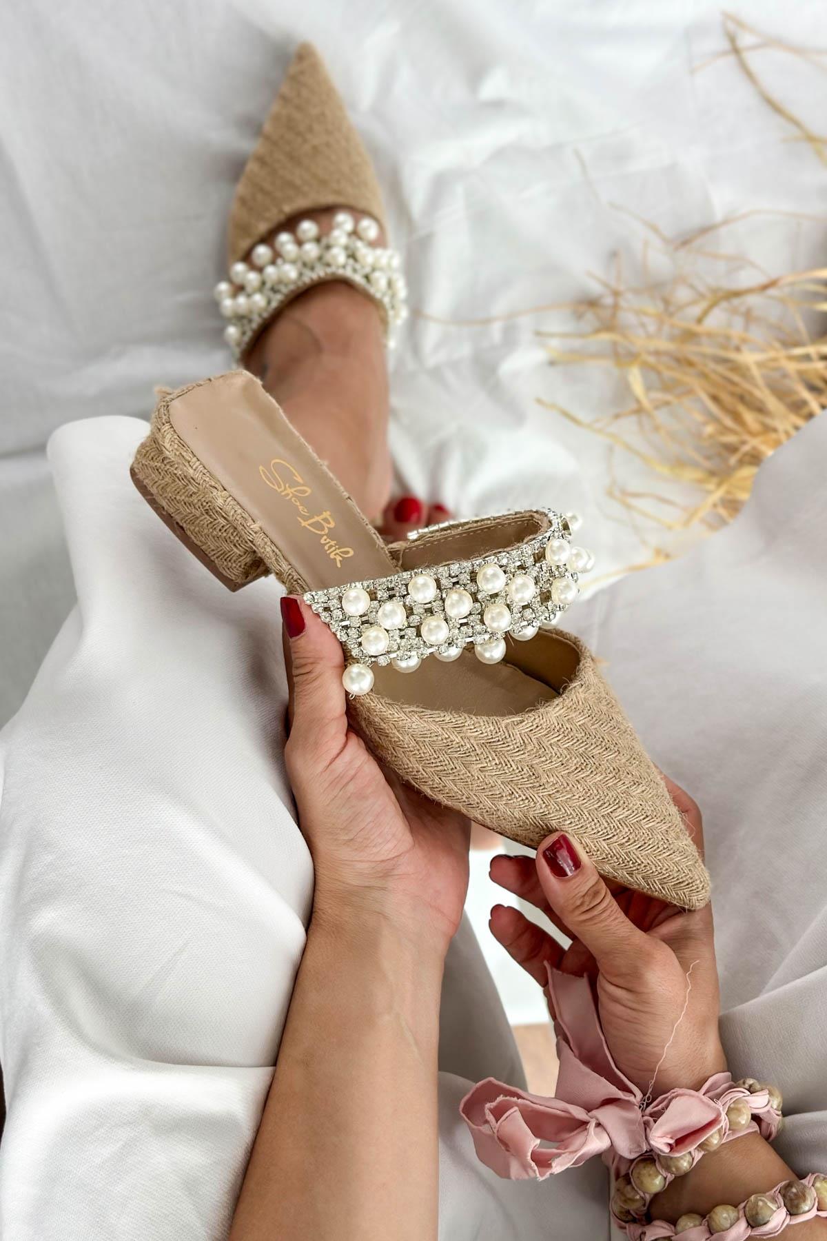 Pearl Hasır Natural İnci Detay Kadın Terlik