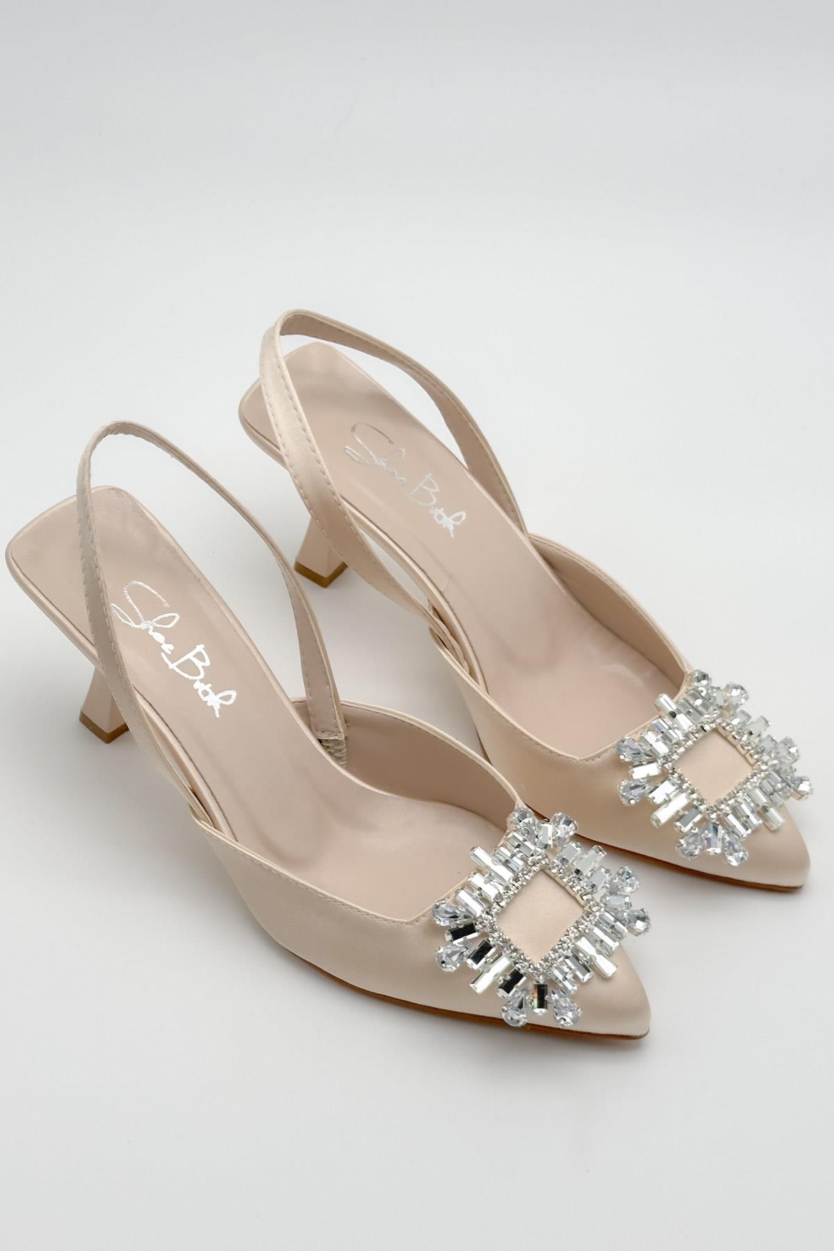 Quiero Bej Saten Taşlı Açık Stiletto