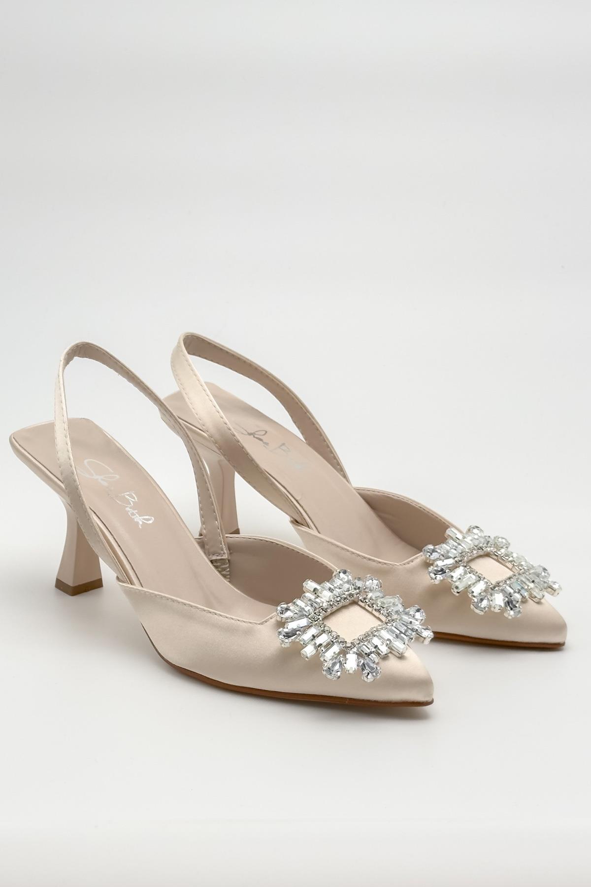 Quiero Bej Saten Taşlı Açık Stiletto