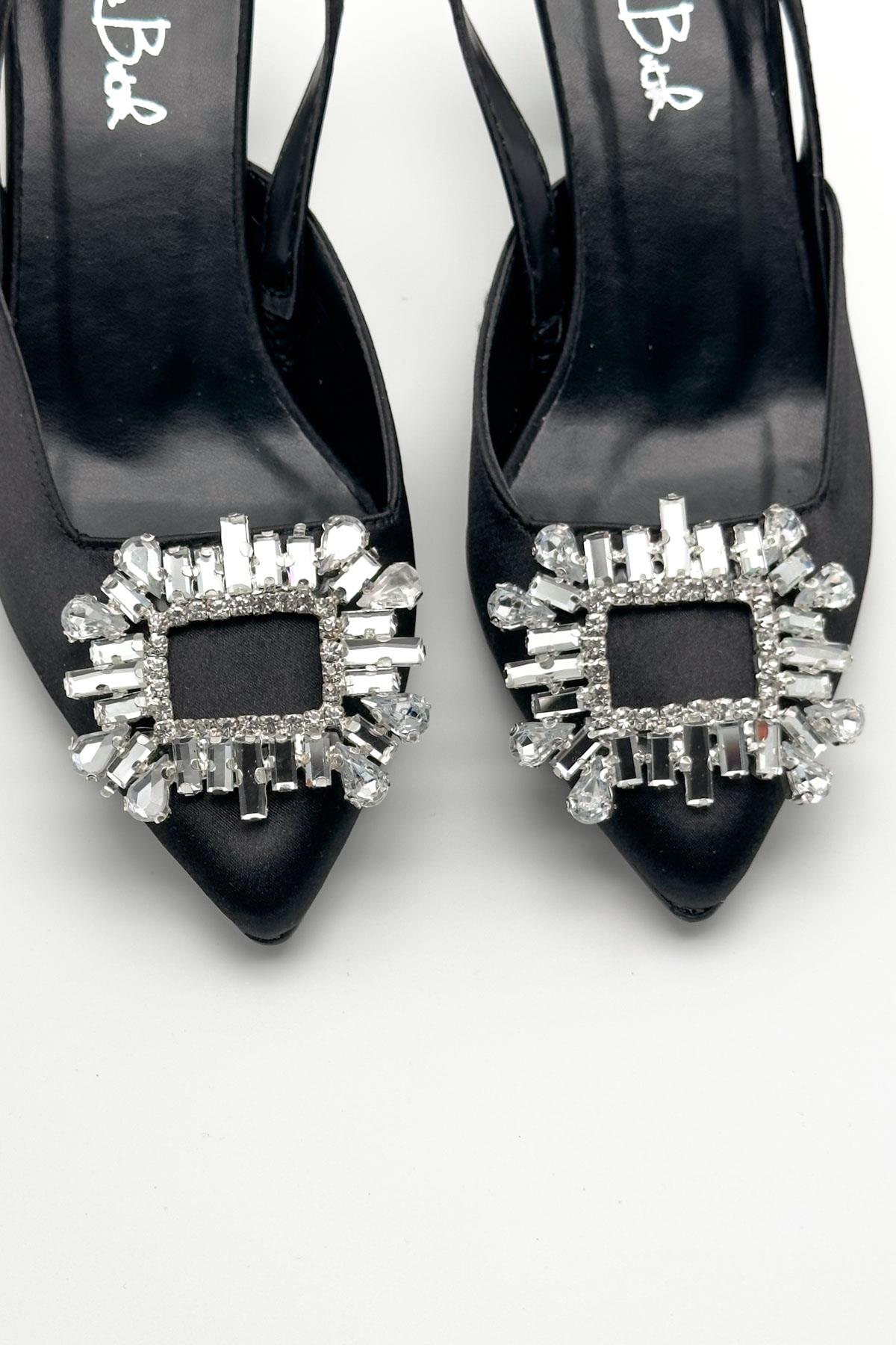 Quiero Siyah Saten Taşlı Açık Stiletto