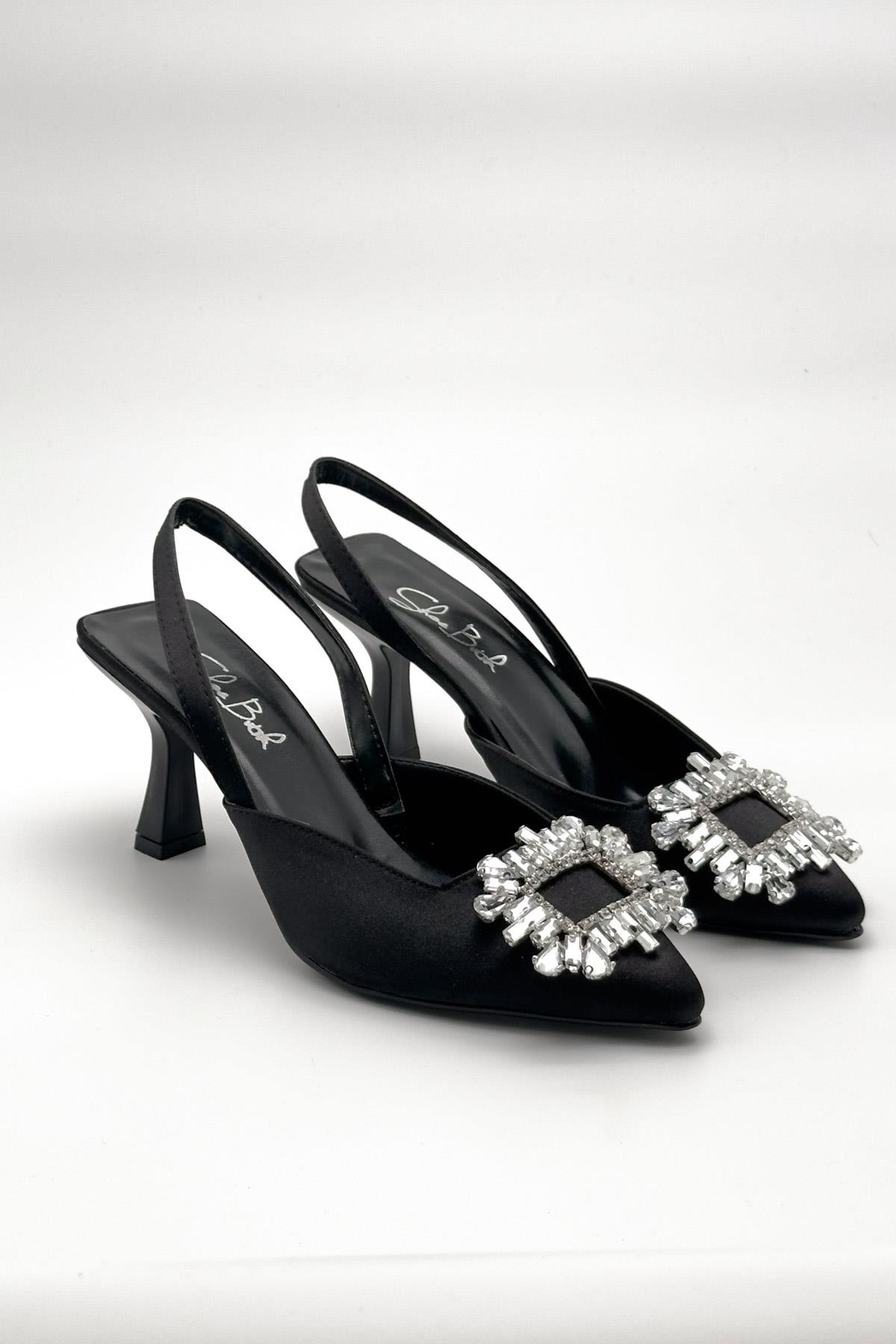 Quiero Siyah Saten Taşlı Açık Stiletto