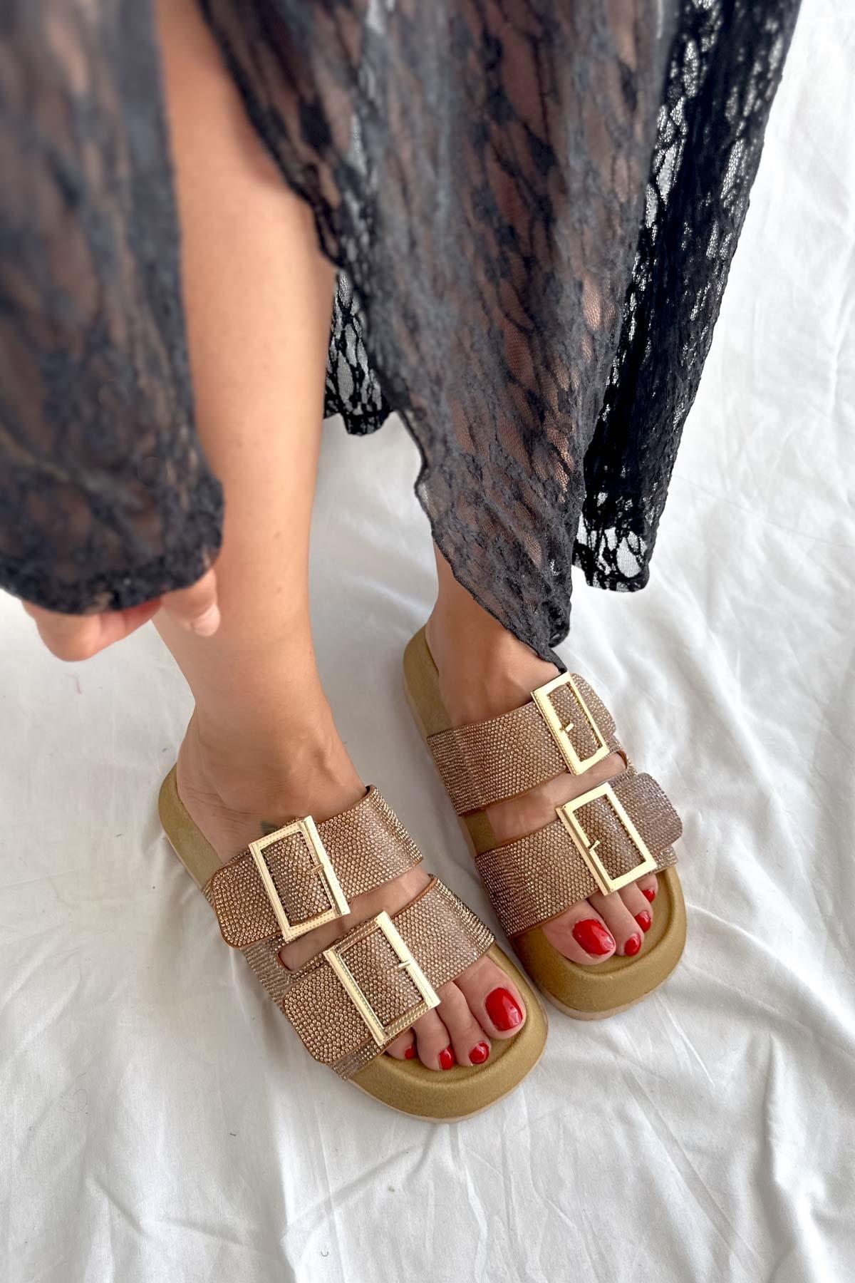 Shiny Bronz Taşlı Mantar Taban Kadın Terlik