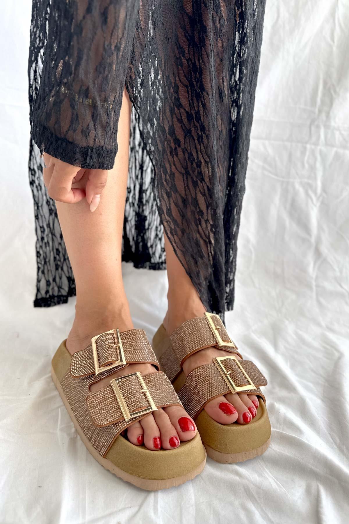 Shiny Bronz Taşlı Mantar Taban Kadın Terlik